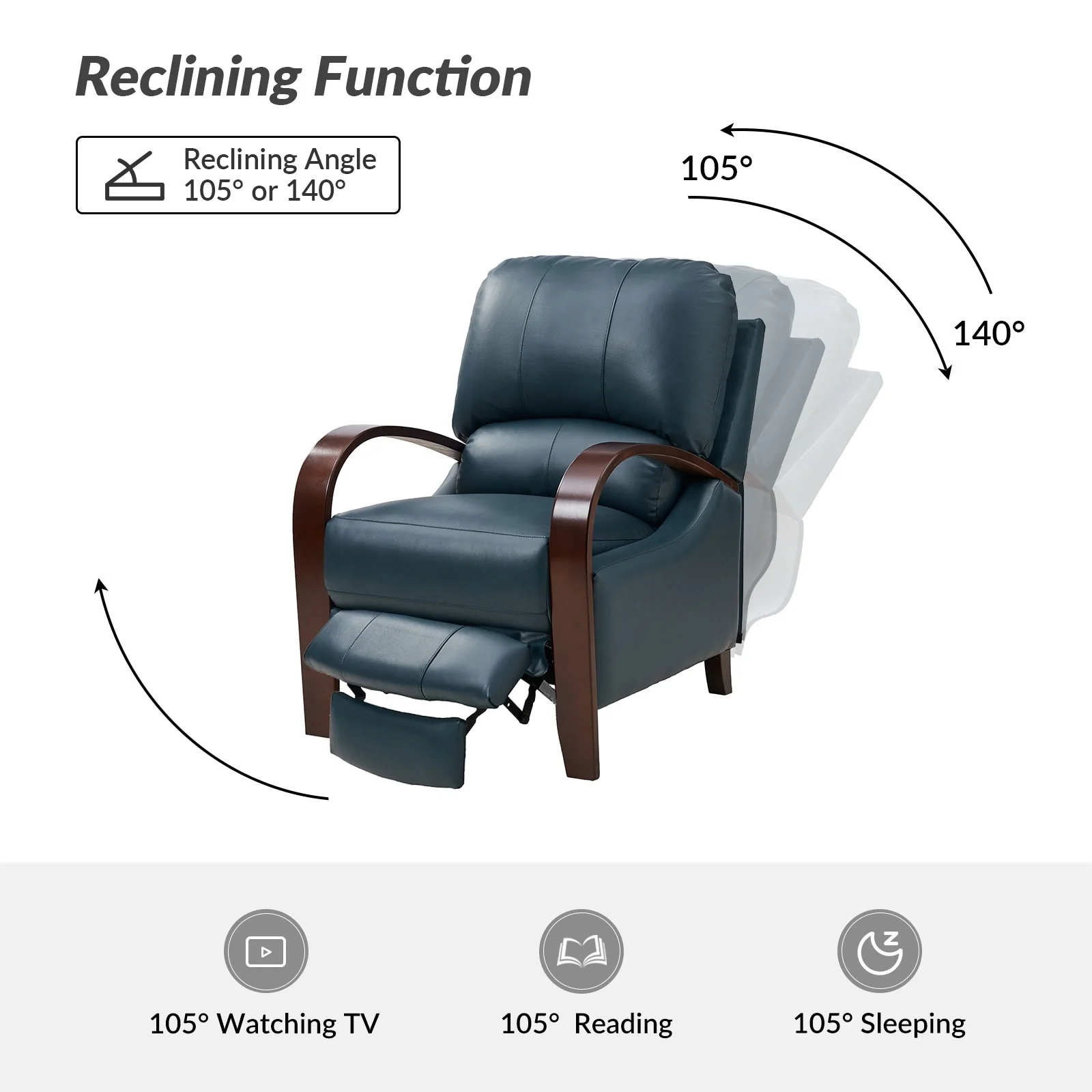 Alex Mid-century Modern Cigar Genuine Leather Manual Recliner with Wooden Curved Arms