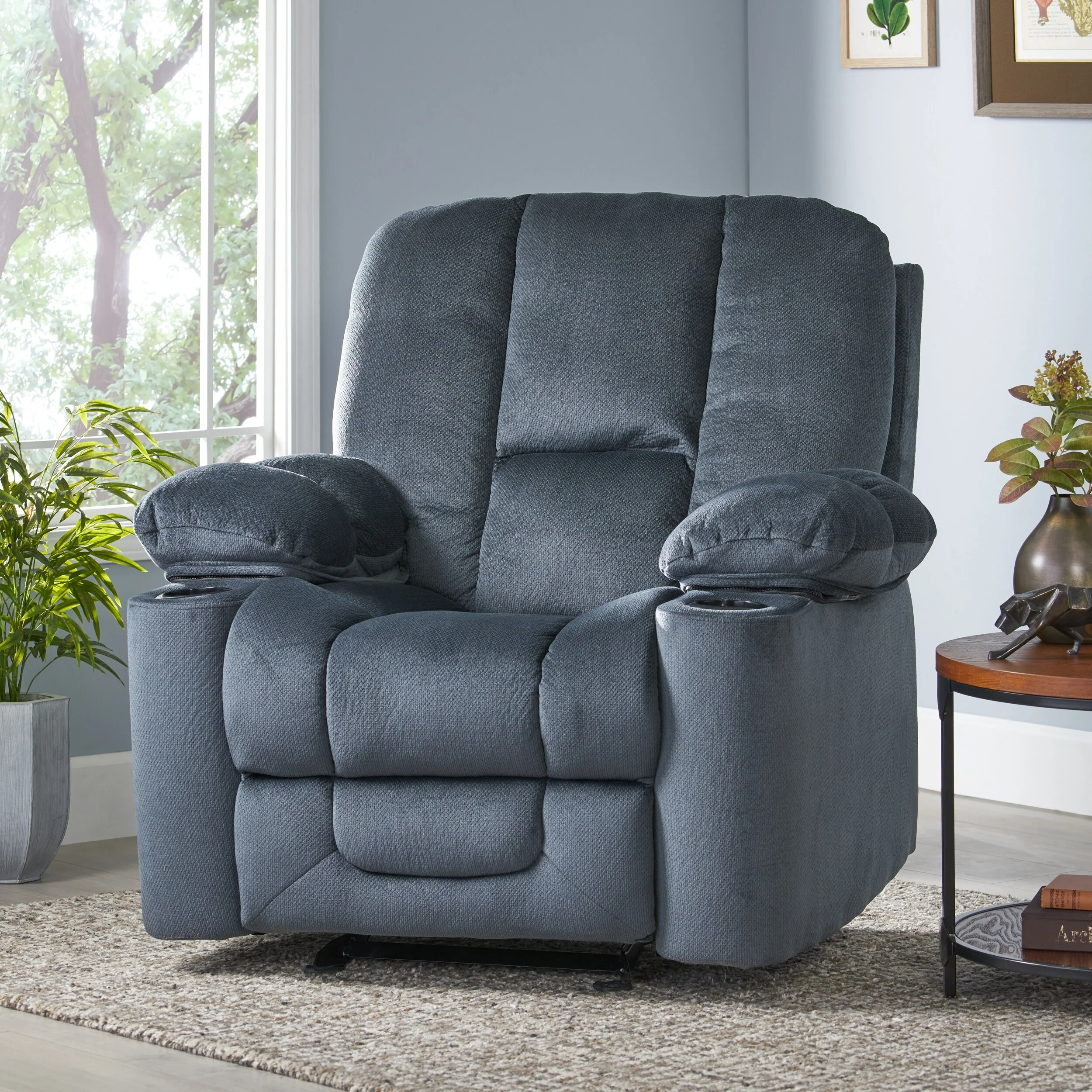 Manual Fabric Recliner Chair with Dual Cup Holders & Thick Padding