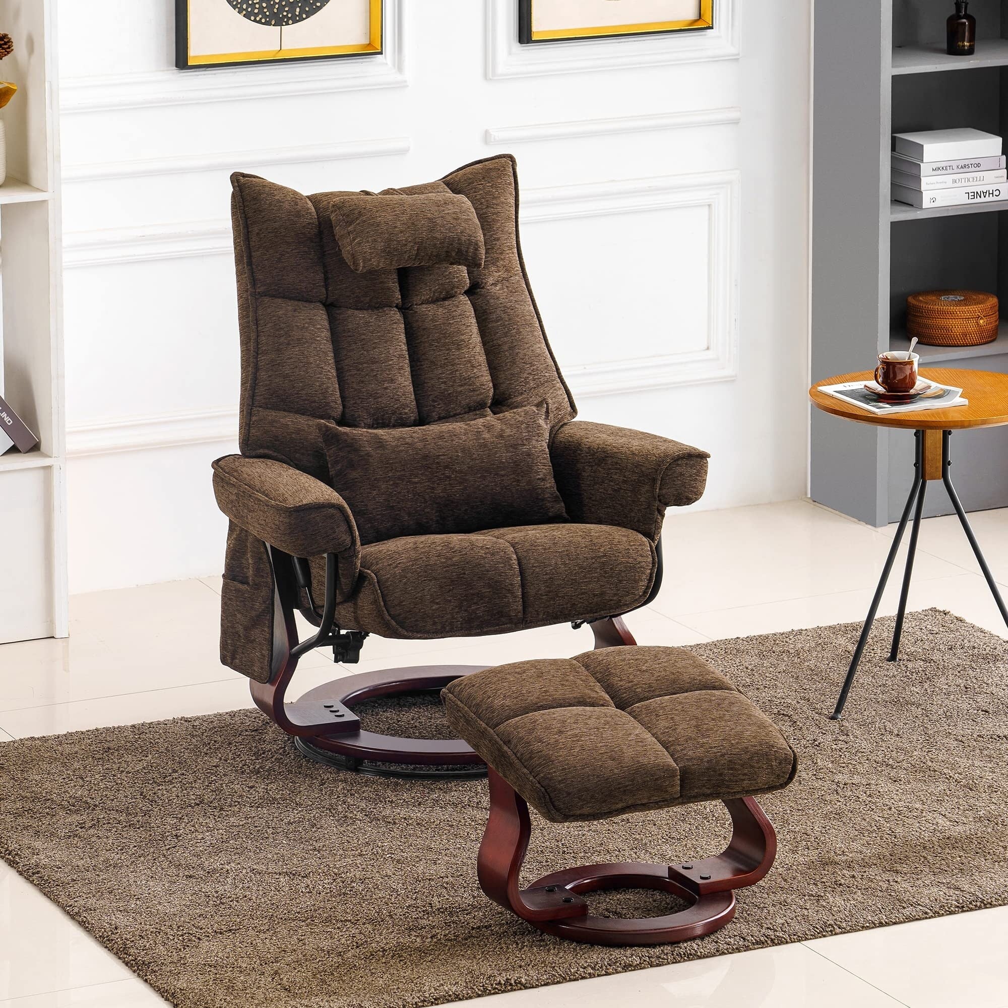 MCombo Swivel Recliner with Ottoman and Neck Pillow, Chenille Fabric