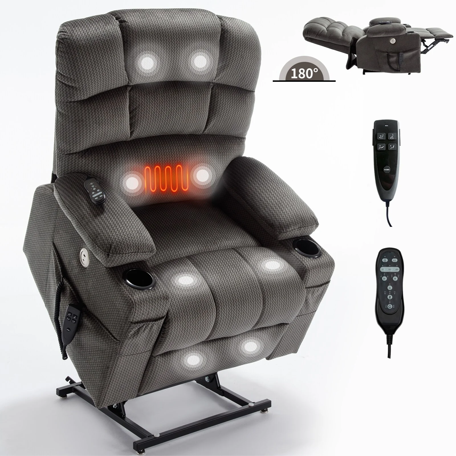 Chenille Power Lift Recliner with Massage, Heating & Cup Holders
