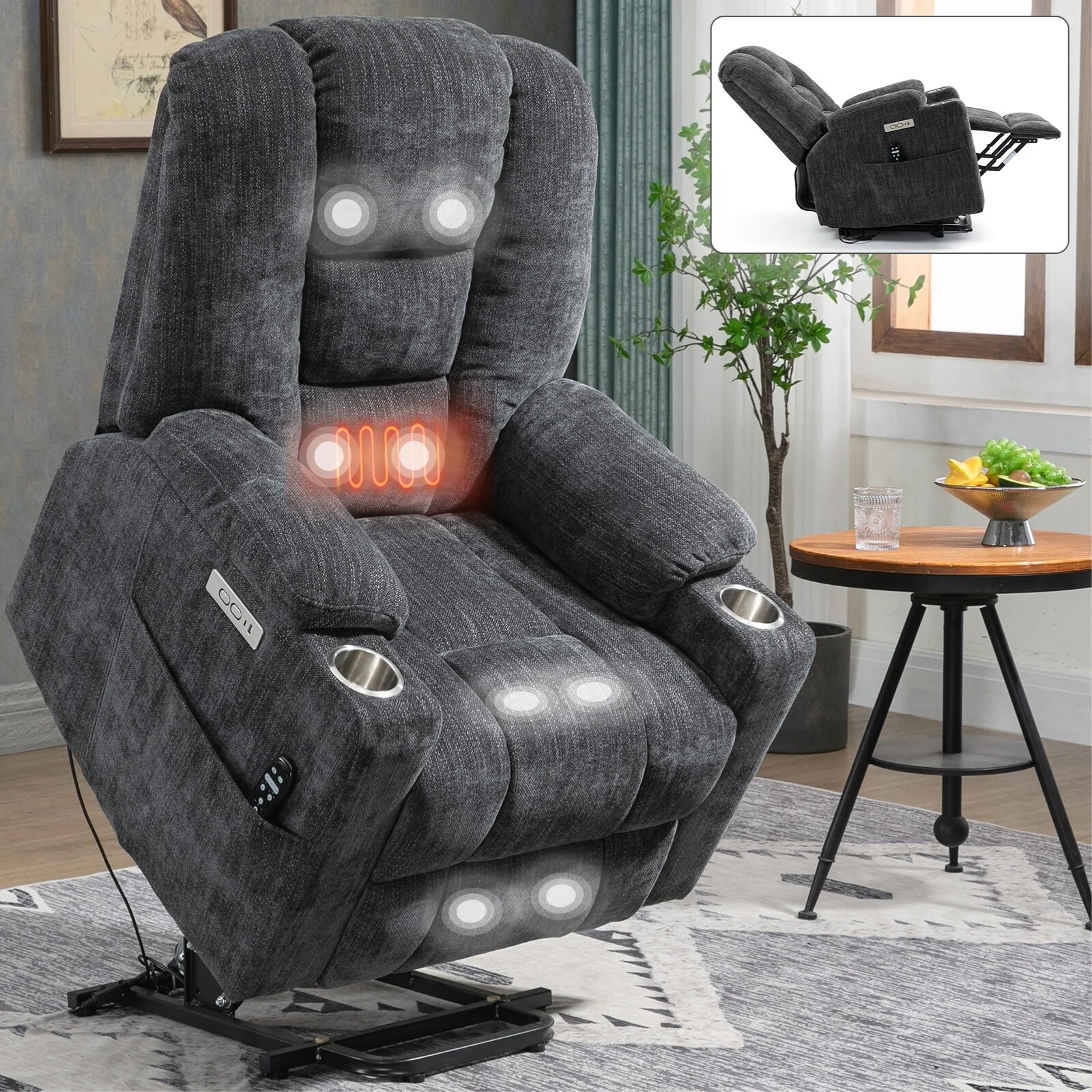 Power Lift Recliner Chair with Dual USB, Cup Holders & Chenille Fabric