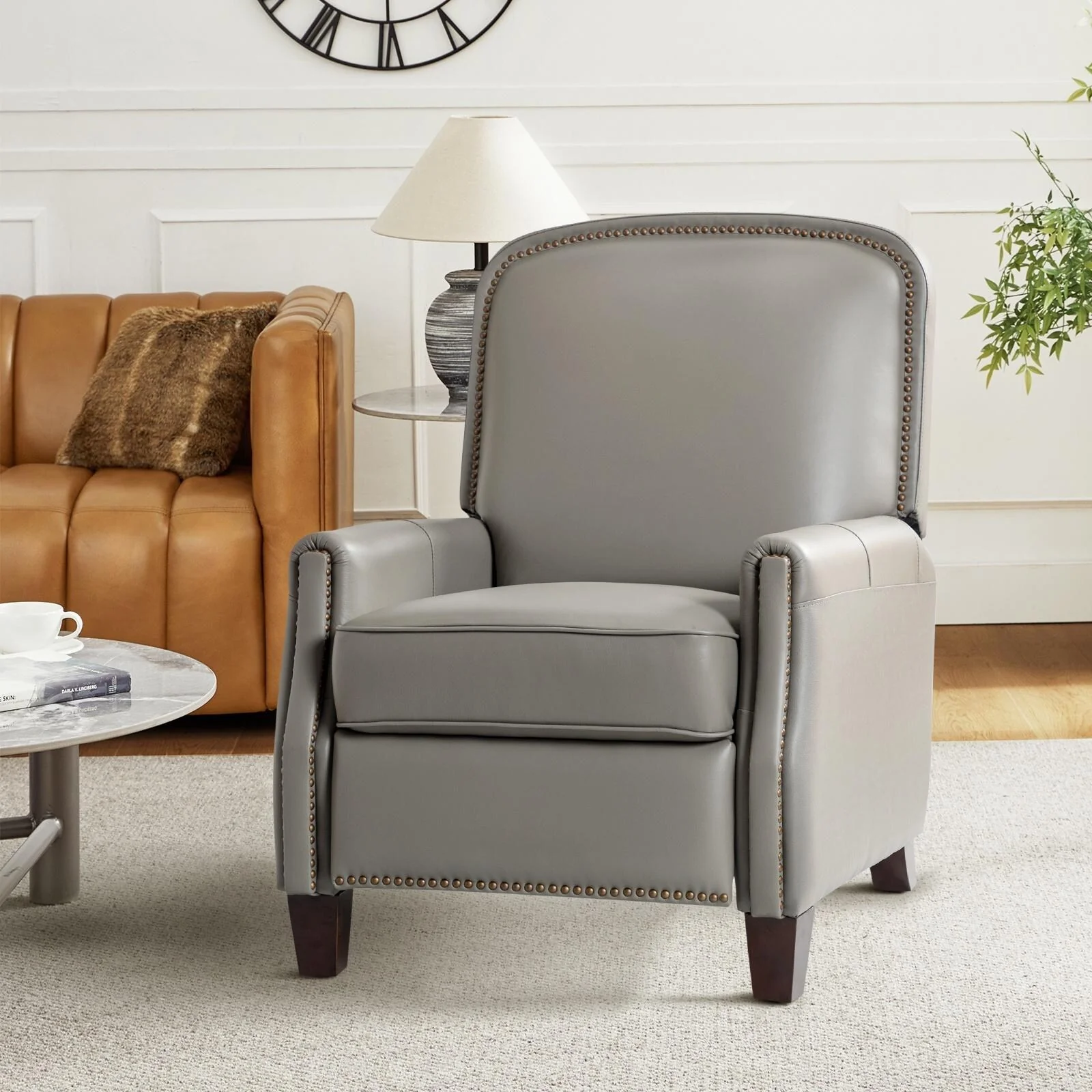 Gladis Modern Retro Genuine Leather Recliner with Nailhead Trim by HULALA HOME