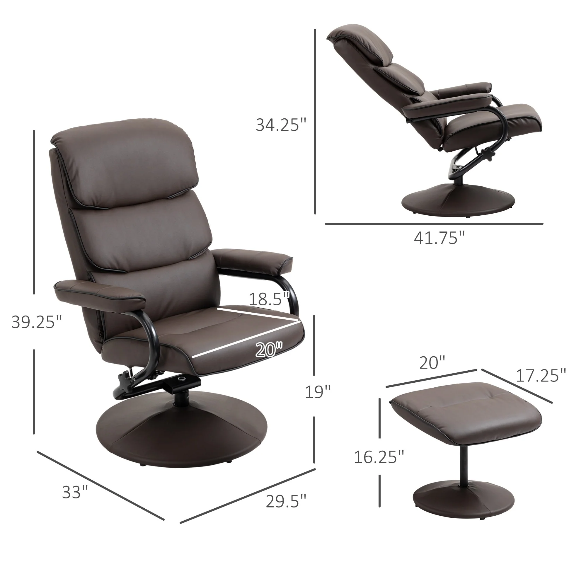 HOMCOM Recliner Chair with Ottoman, Swivel PU Leather High Back Armchair w/ Footrest Stool, 135�� Adjustable Backrest