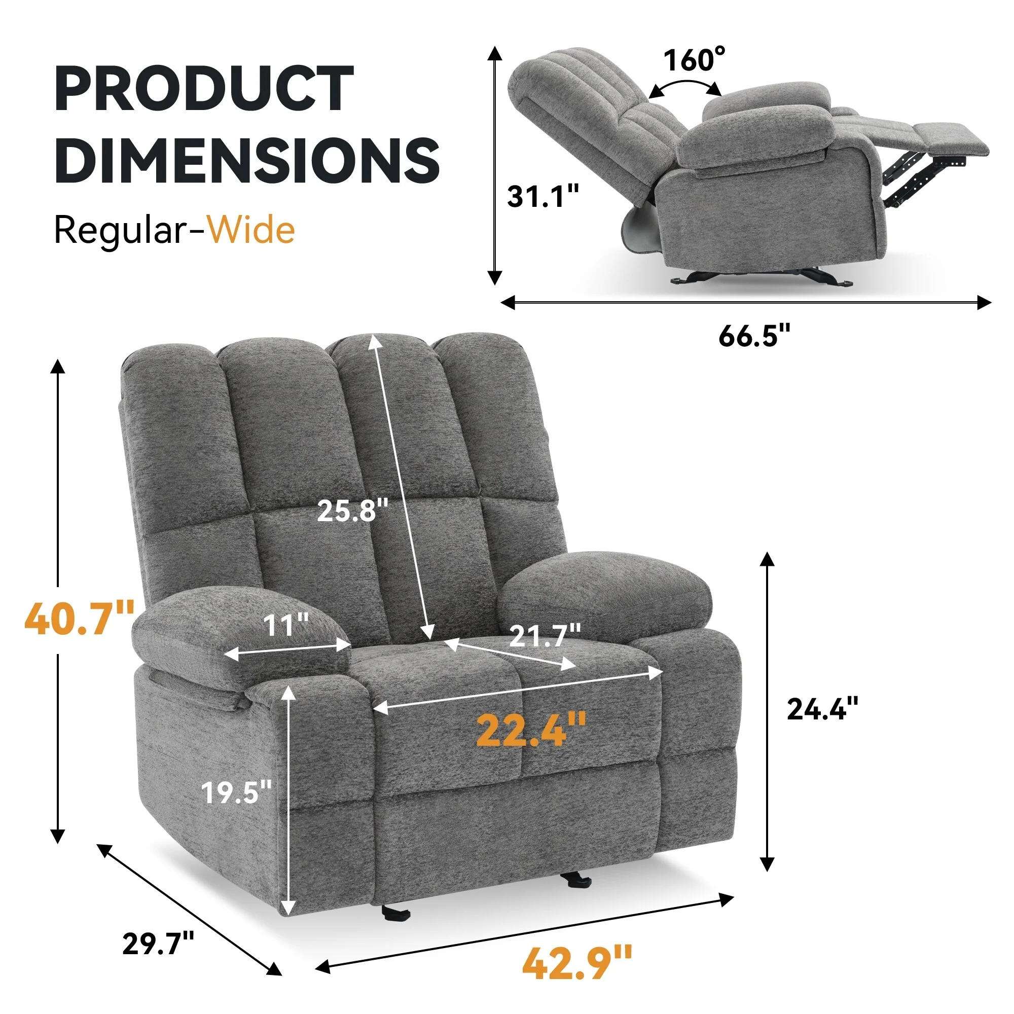 Grey Large Rocking Recliner Chair with 30�� Rocking Feature and 160�� Recline, Holds up to 350 lbs