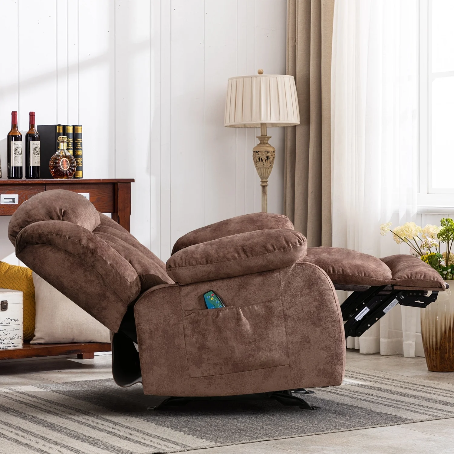 Soft Fabric Overstuff Manual Recliner with Massager and Heat