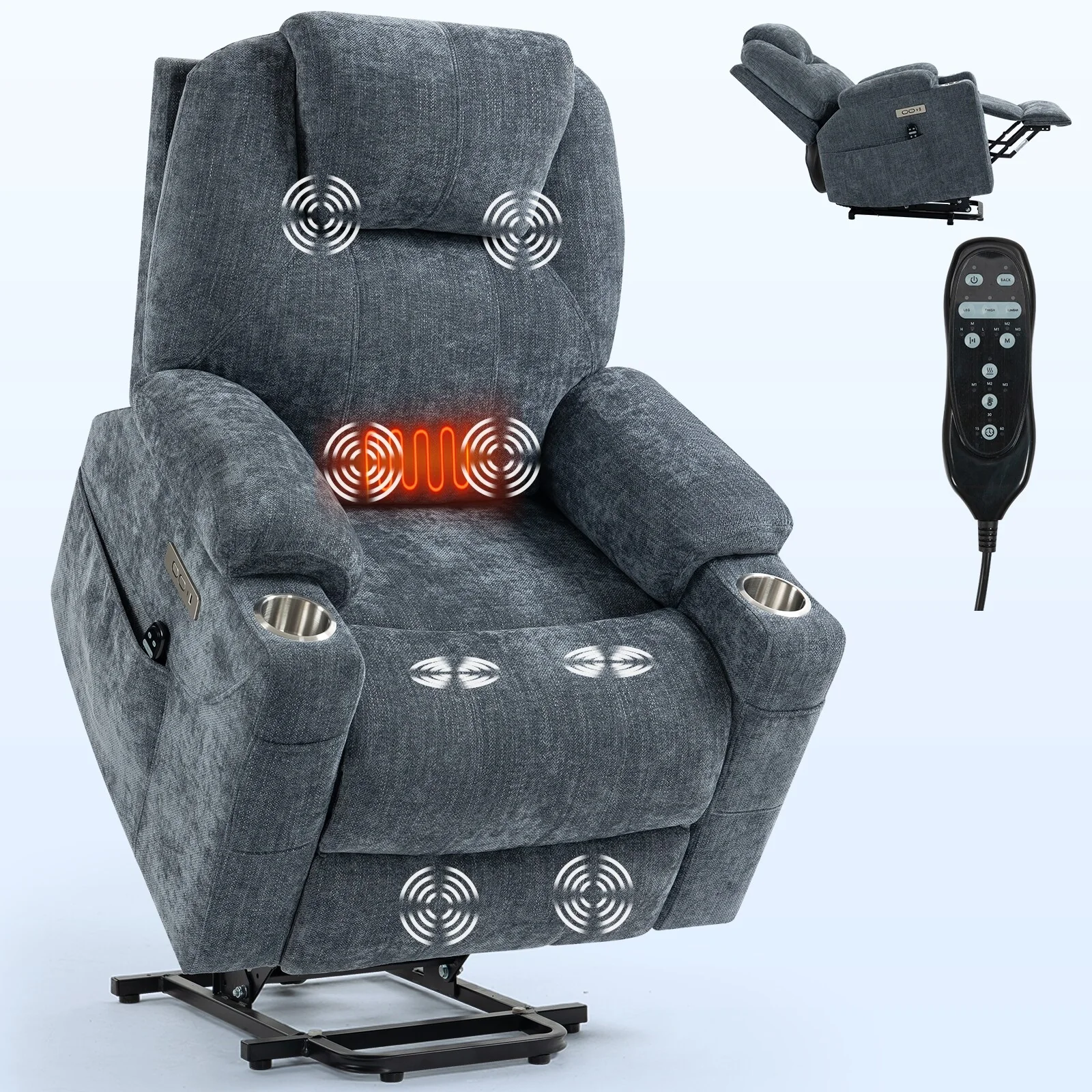 Up to 350 LBS Chenille Power Lift Recliner Chair, Heavy Duty Motion Mechanism with 8-Point Vibration Massage and Lumbar Heating