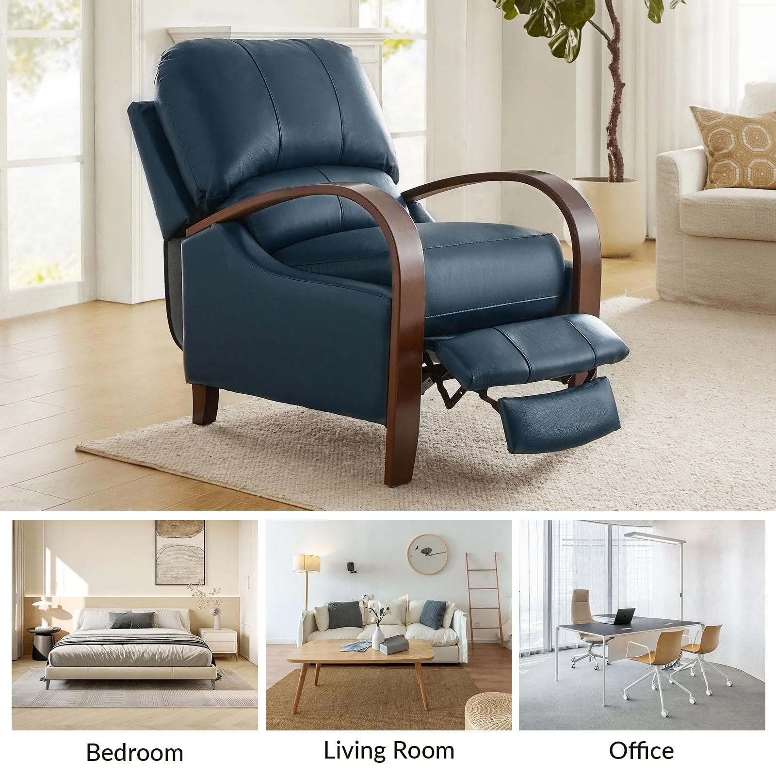 Alex Mid-century Modern Cigar Genuine Leather Manual Recliner with Wooden Curved Arms