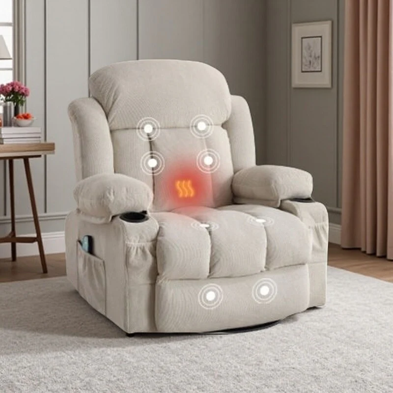 360�� Swivel Heated Massage Recliner with USB Charging, Cup Holders, Side Storage, and Plush Fleece Upholstery