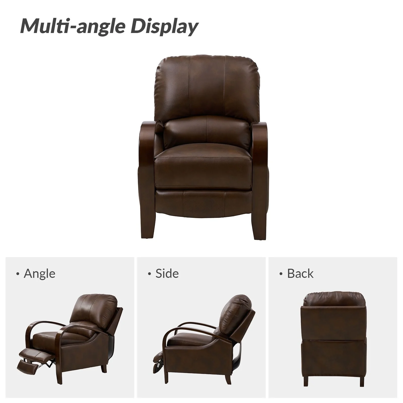 Alex Mid-century Modern Cigar Genuine Leather Manual Recliner with Wooden Curved Arms, Set of 2