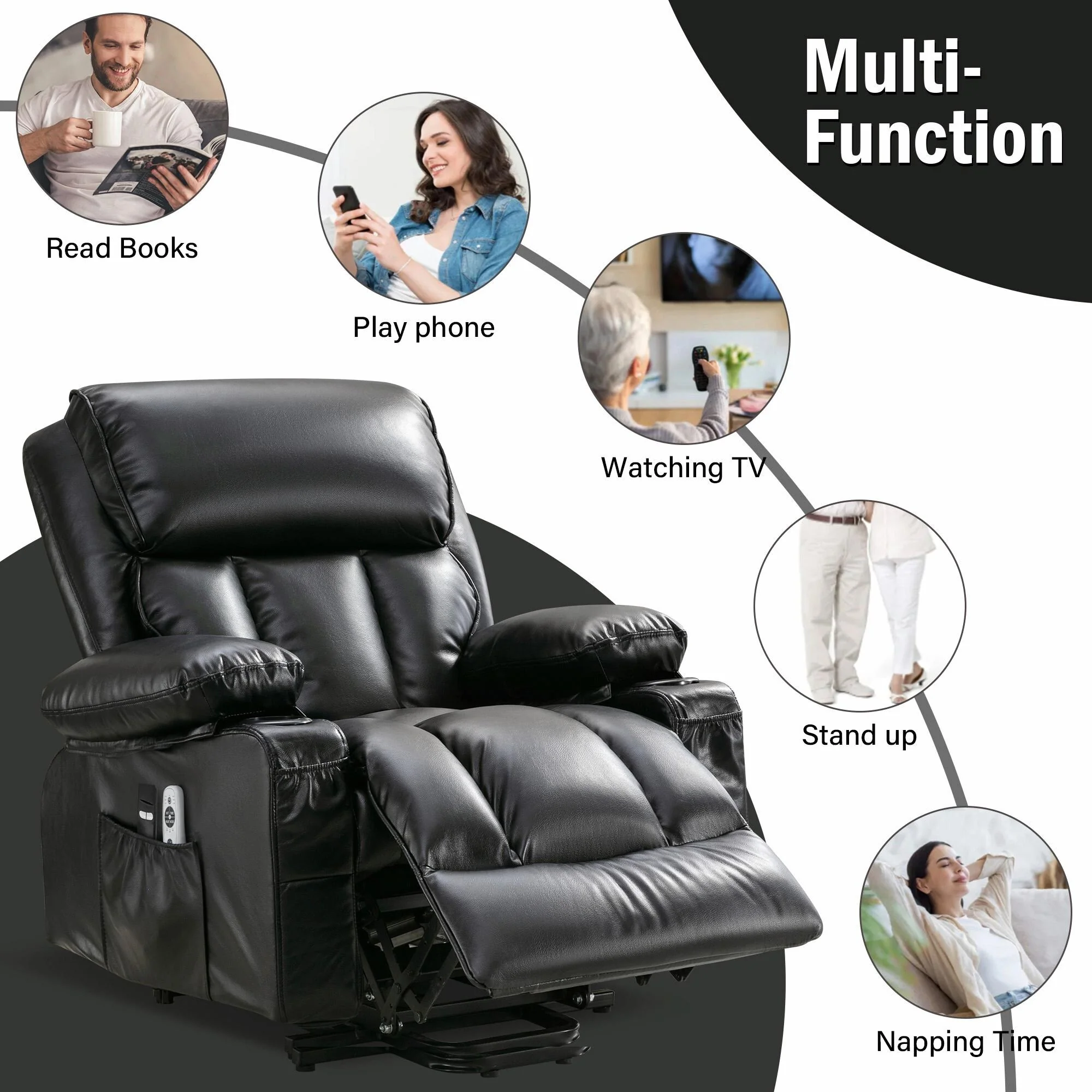 Power Electric Massage Lift Lounge Chair with Heating and Vibration Functions, Fleece Leather with USB