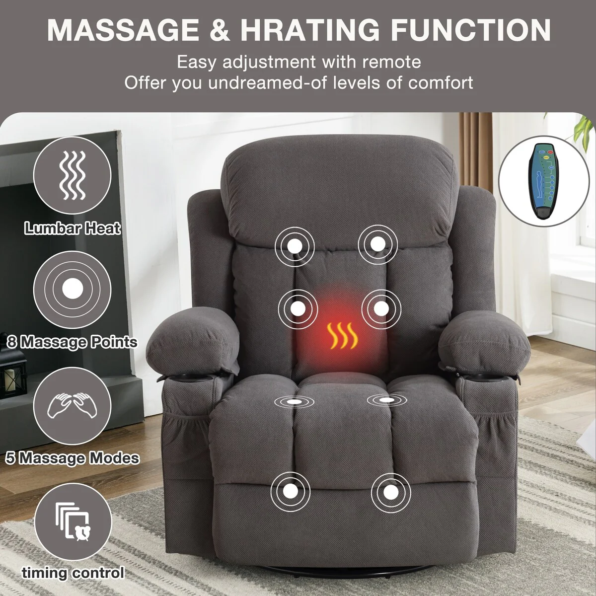 Swinging recliner massage heated sofa, with USB and 2 cup holders in side pockets, PackageA+B (BEIGE )