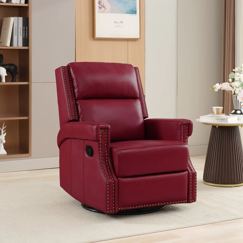 Genuine Leather Manual Rocking Recliner with 360-degree Metal Swivel Base