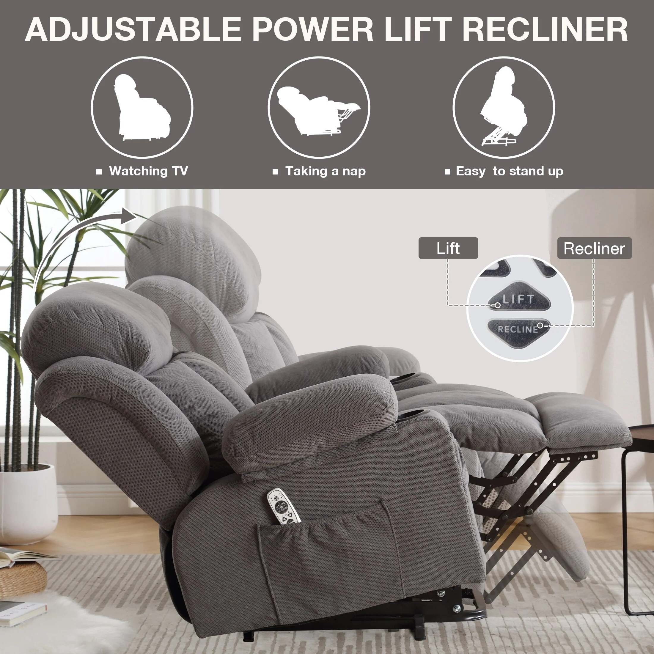 Grey Power Lift Recliner with Heat, Massage, USB, and Remote Control