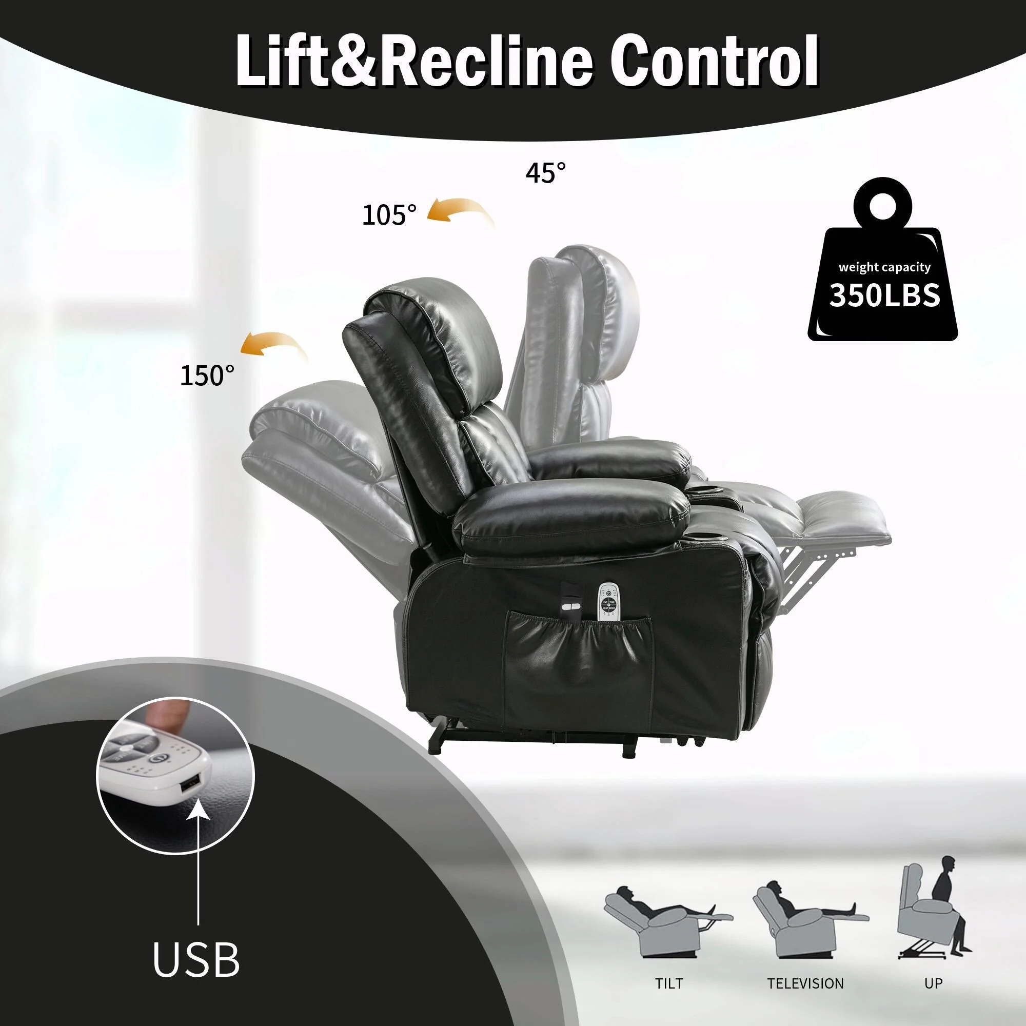 Power Electric Massage Lift Lounge Chair with Heating and Vibration Functions, Fleece Leather with USB