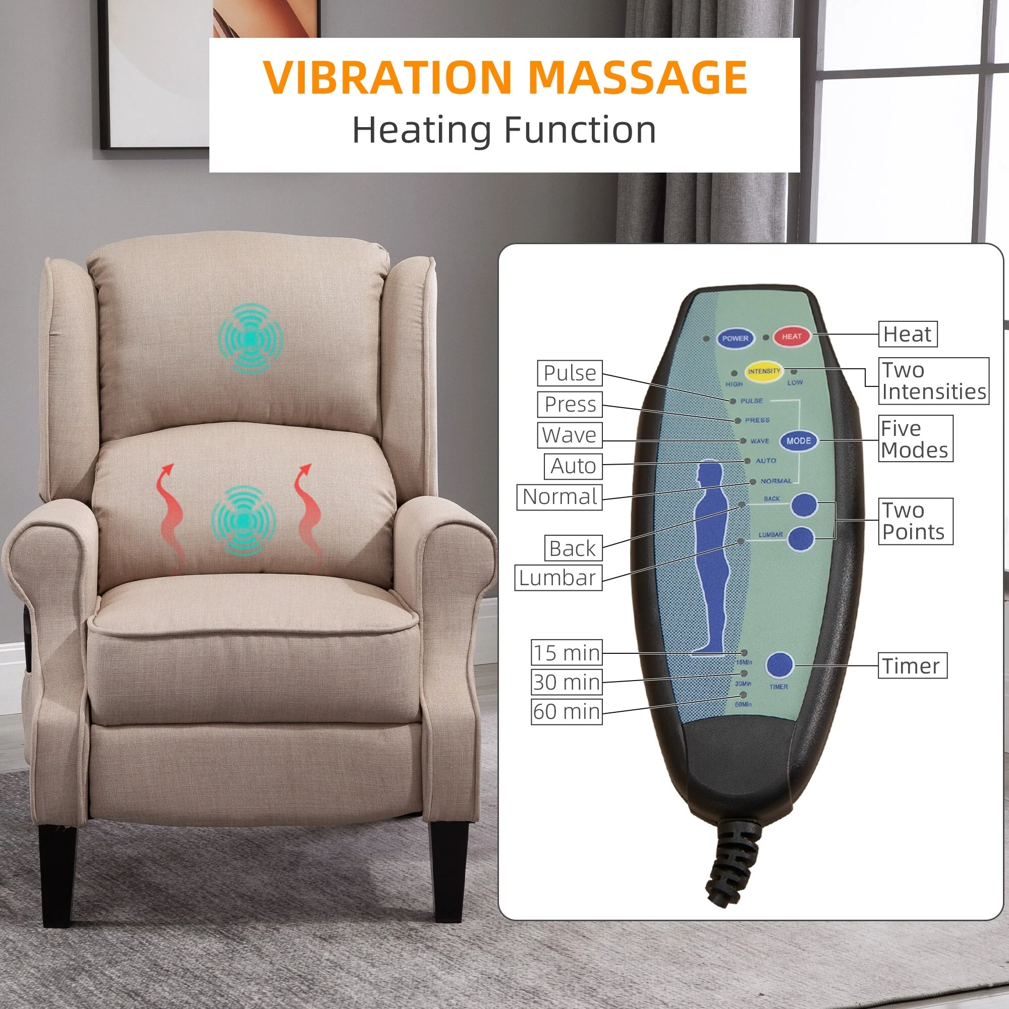 Heated Massage Recliner Chair with Lumbar Heating  Remote Controller