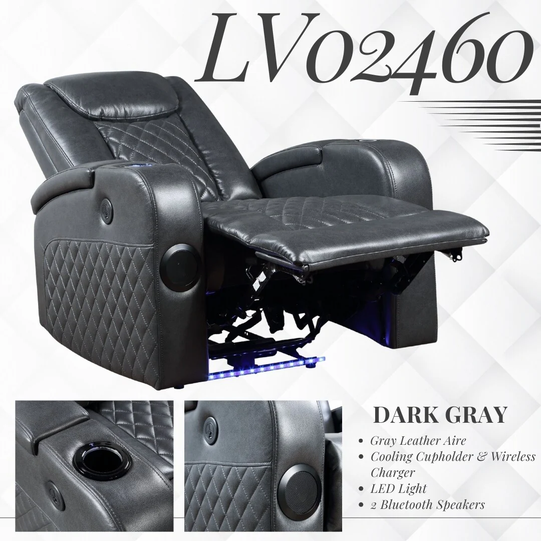 Alair Dark Gray Leather Aire Power Motion Recliner W/Bluetooth, Wireless Charger  Cupholder