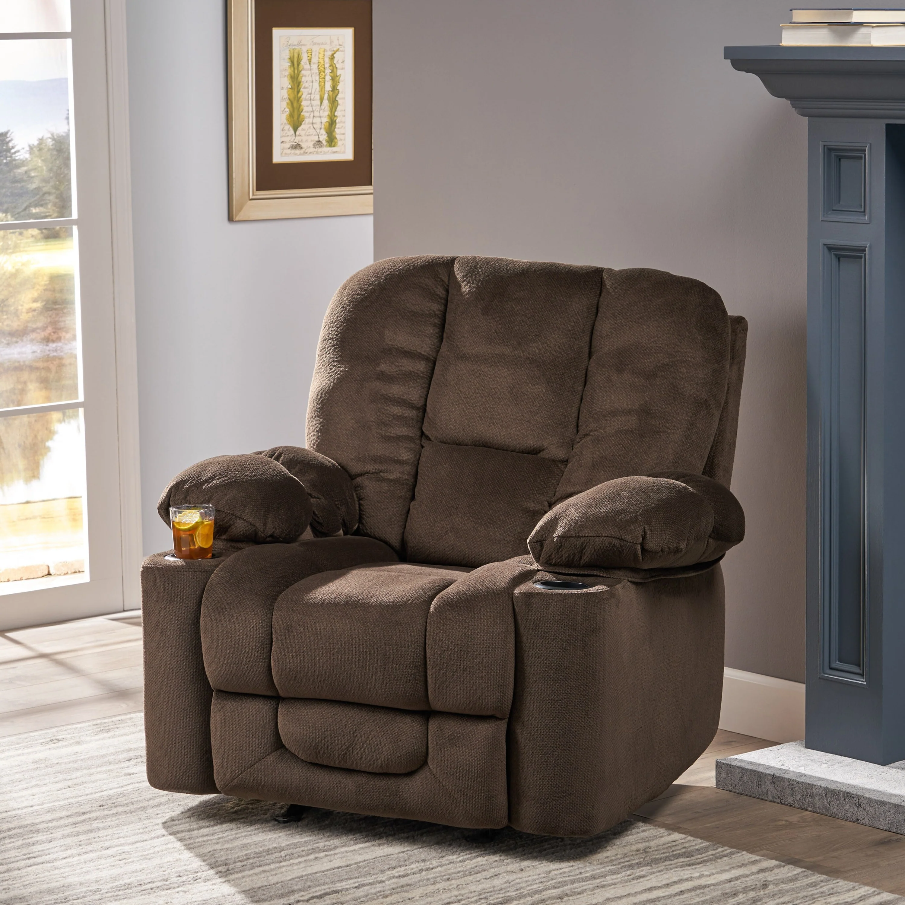 Brown Fabric Manual Recliner with Dual Cup Holders and Generous Dimensions