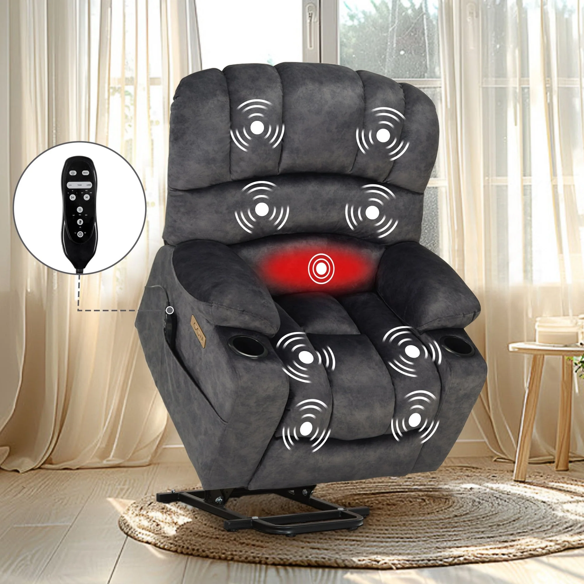 Power Lift Recliner Chair, Oversized Shell Backrest Reclining Chair with Massage  Heat for Elderly