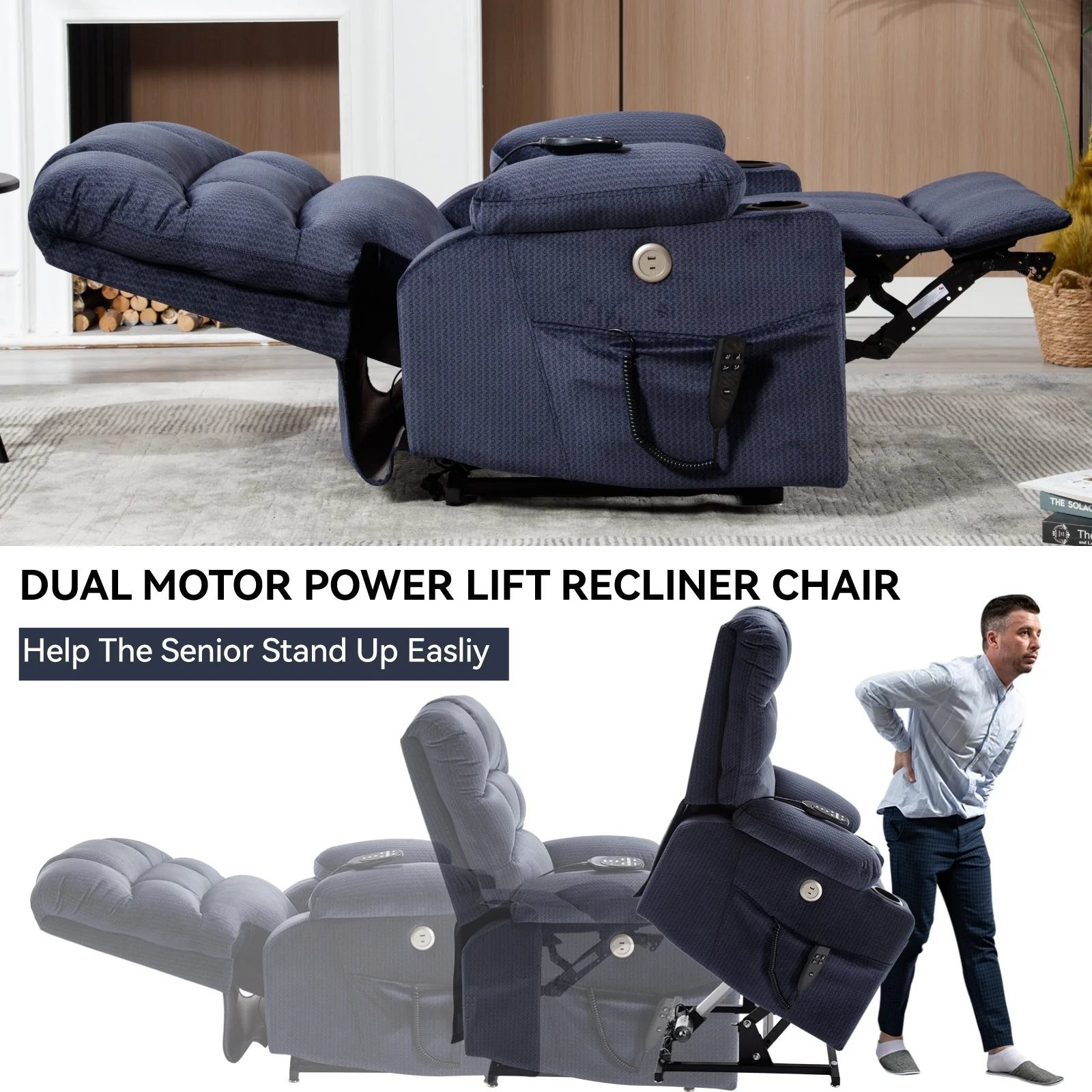 Chenille Power Lift Recliner with Massage, Heating & Cup Holders