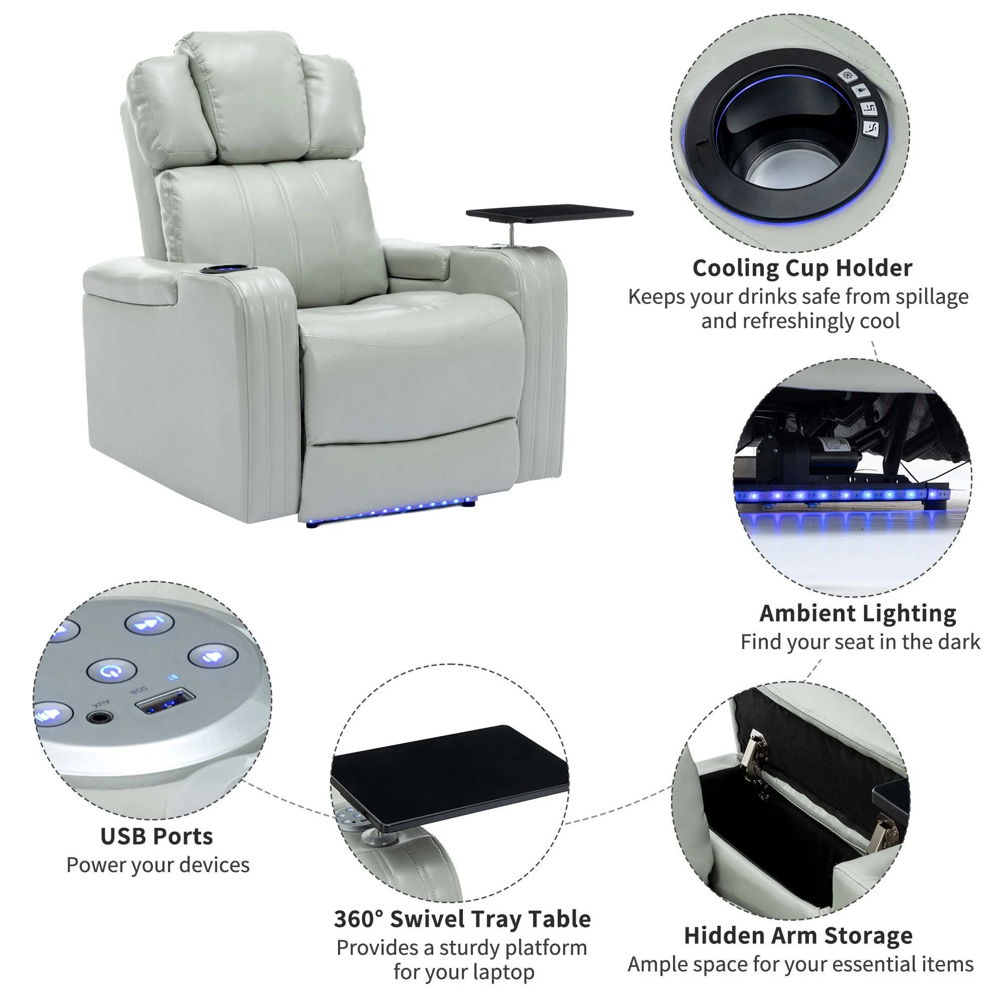 Power Recliner Chair with Cooling Cup Holder, Bluetooth & Tray Table