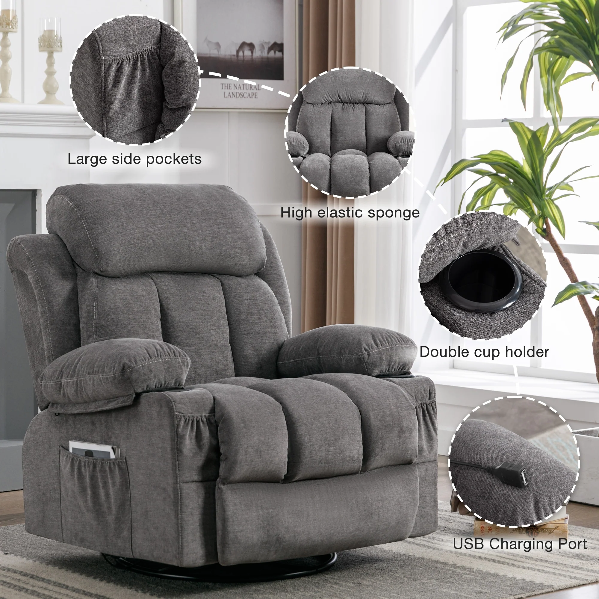 Massage 360 Swivel Rocker Recliner Chair, Heating, Cup Holders, USB