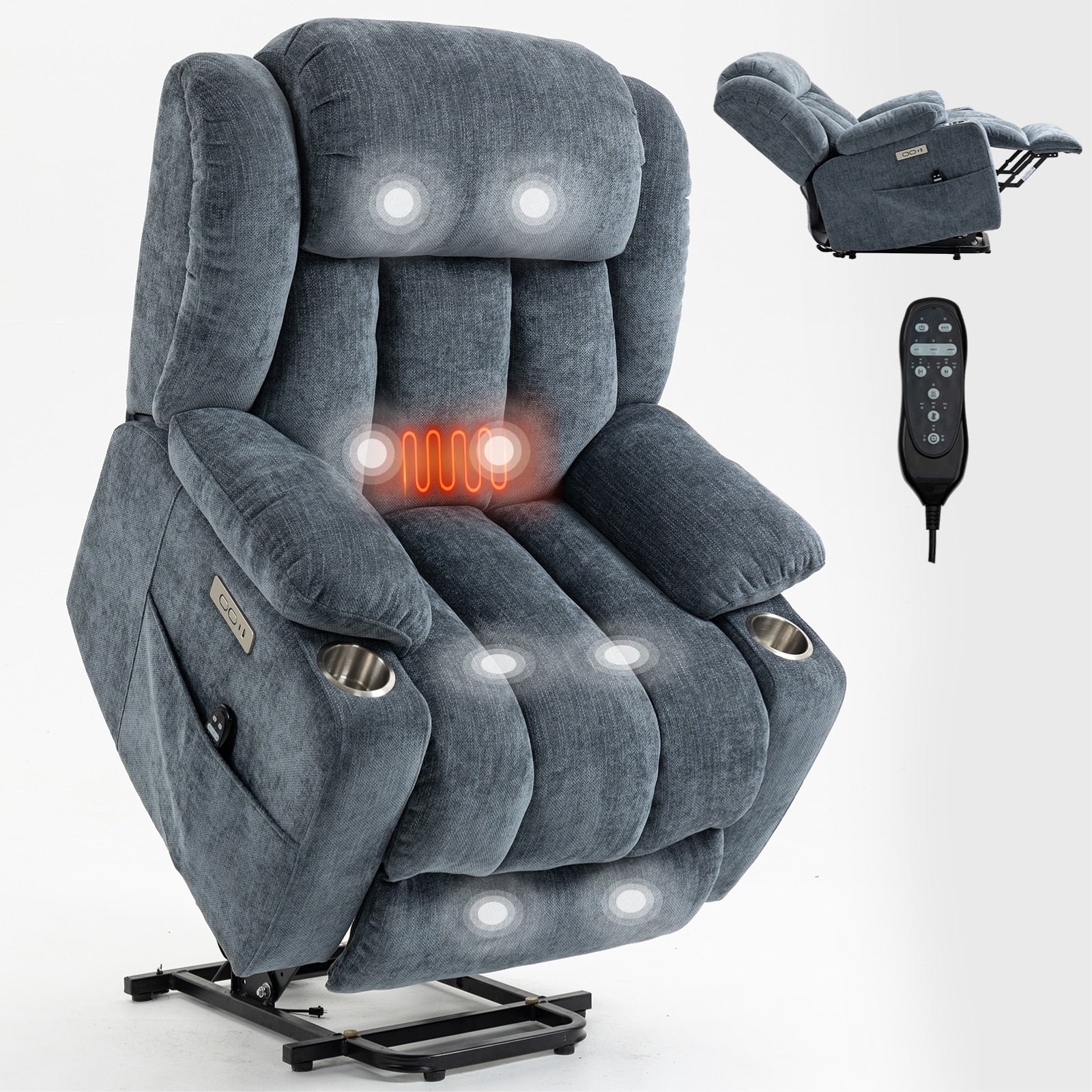 Electric Lift Recliner with Targeted Massage, Lumbar Heating, Dual USB Charging, and Stainless Steel Cup Holders