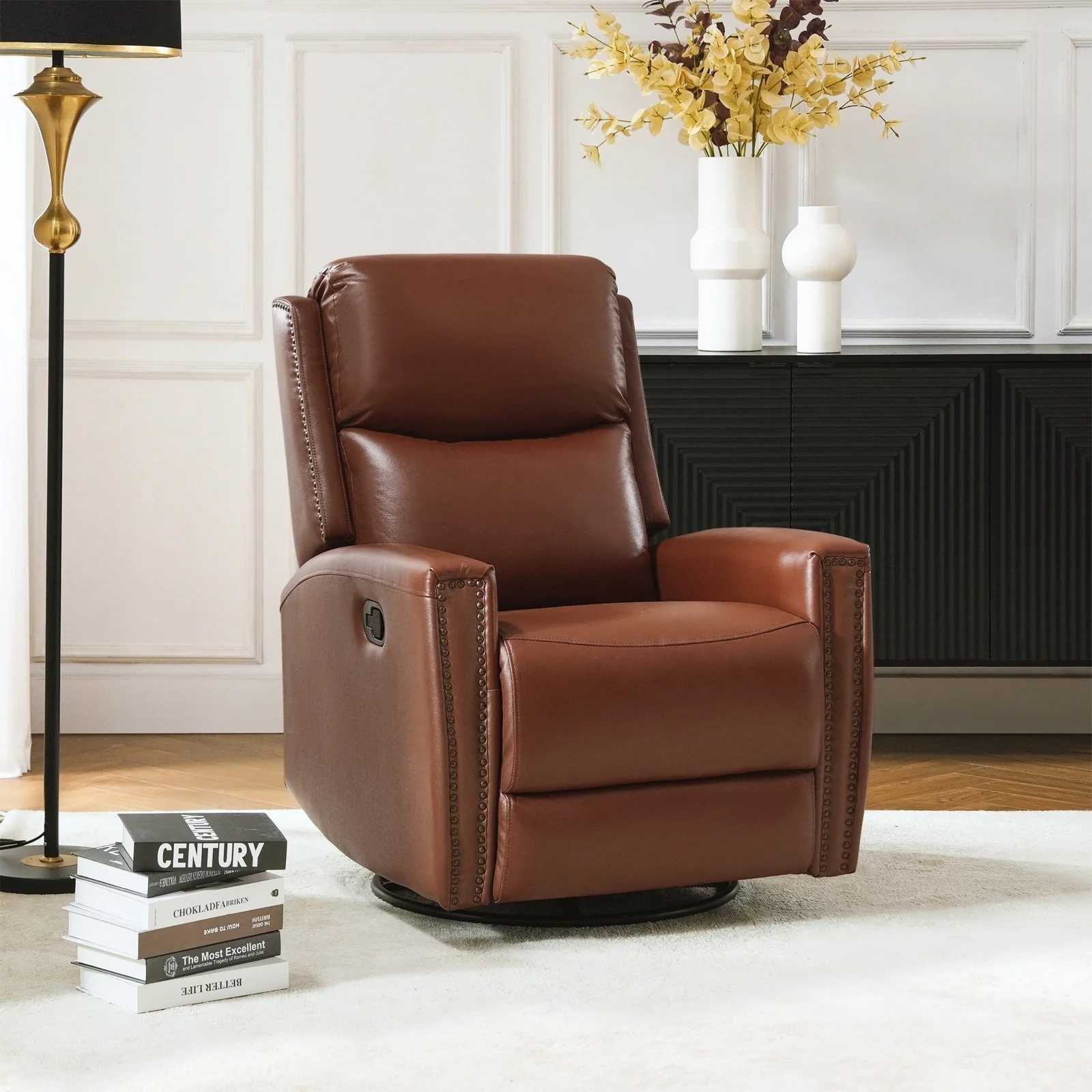 Fiacro 30.31Wide Modern Genuine Leather Wingback Swivel Rocker Recliner with Nailhead Trims