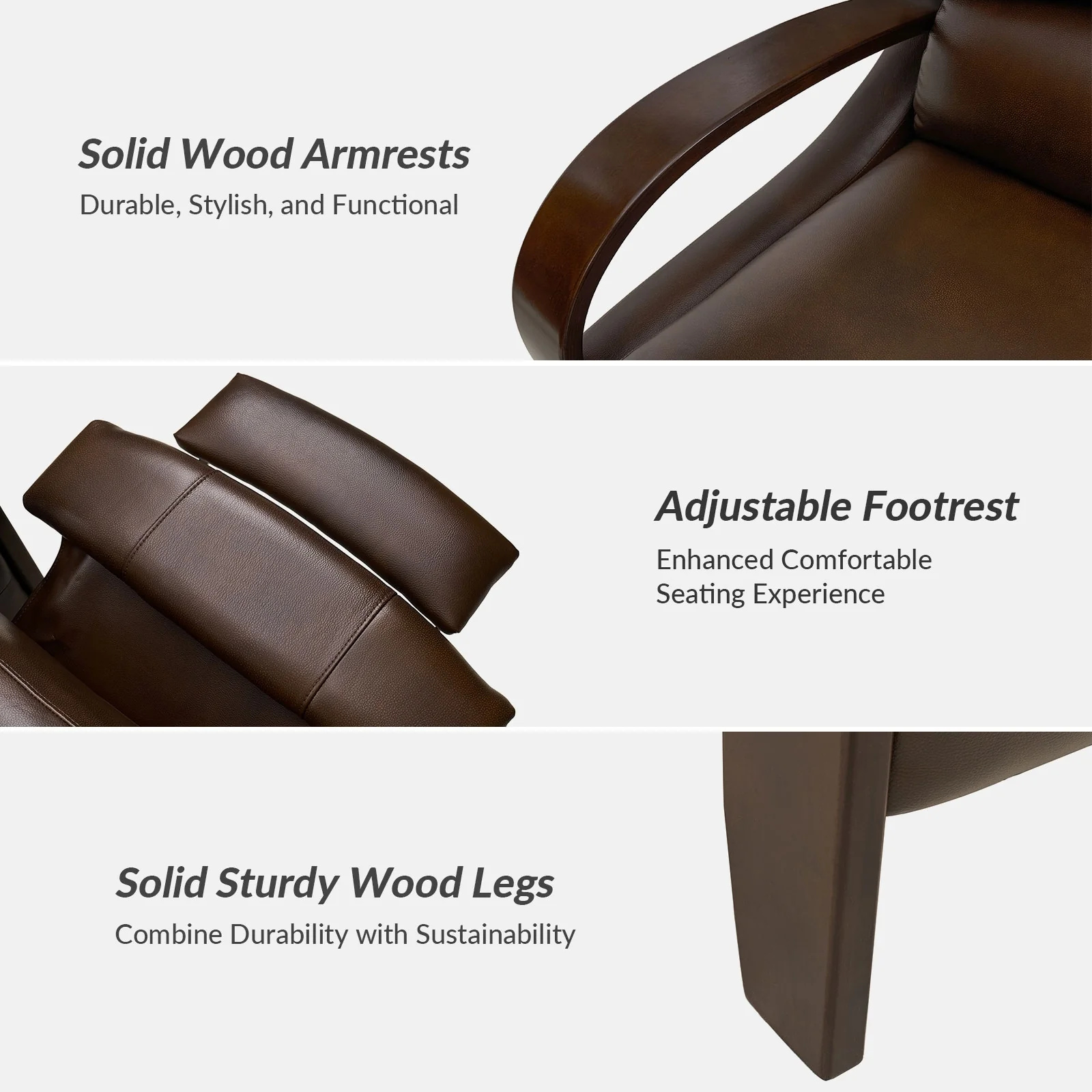 Alex Mid-century Modern Cigar Genuine Leather Manual Recliner with Wooden Curved Arms