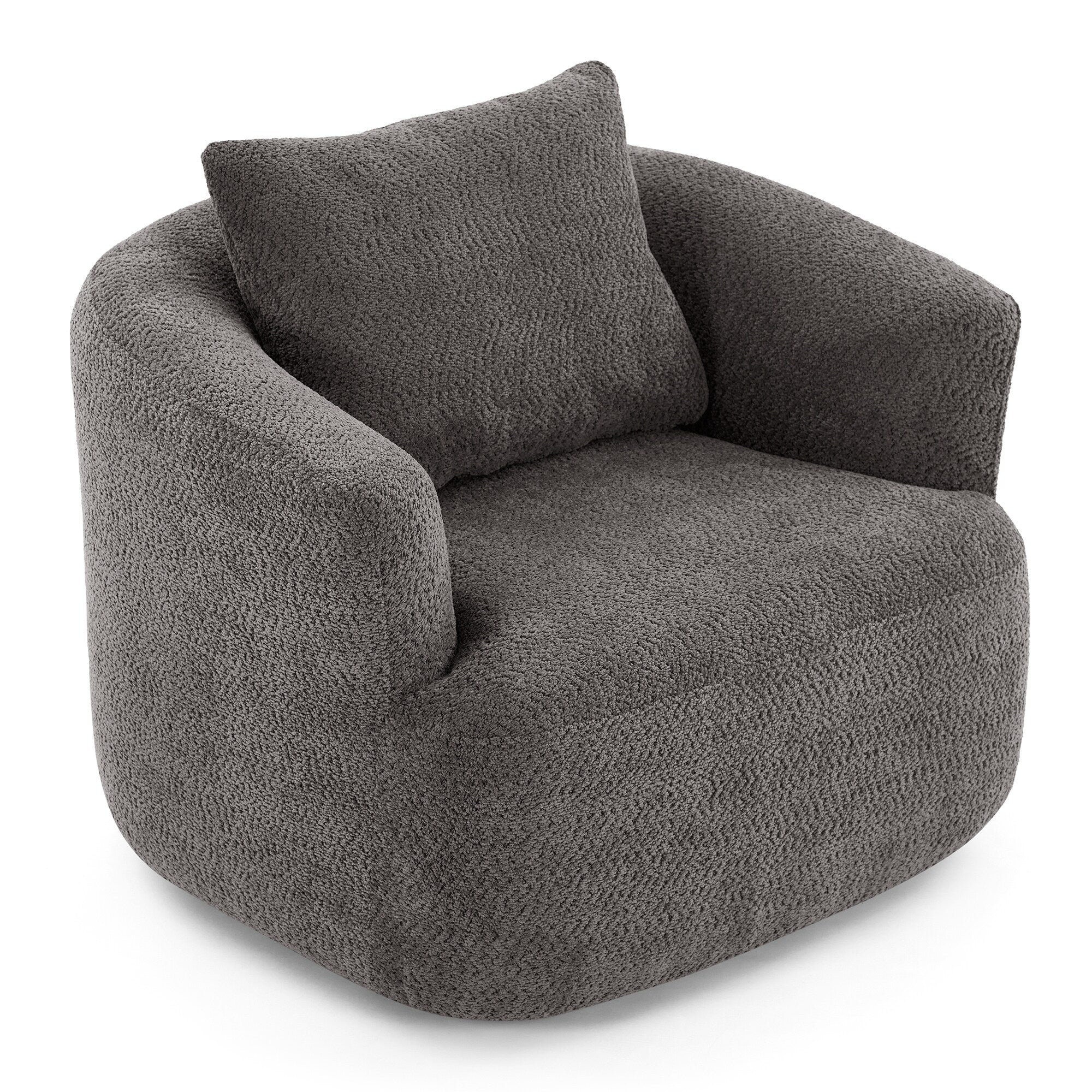 360�� Swivel Chair, 38.2 Boucle Accent Chair with Throw Pillow, Upholstered Barrel Sofa Chair with Curved Armrests