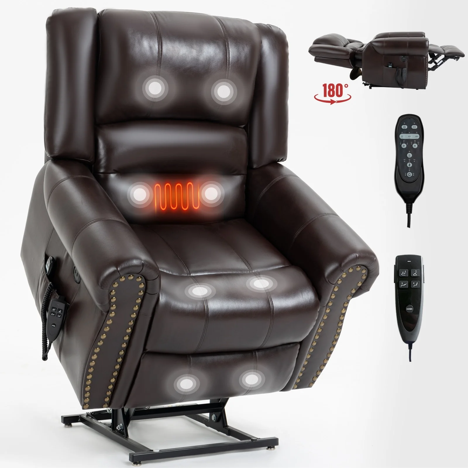 Electric Power Lift Recliner with Dual Motors, Heated Massage, USB Charging Ports, and Infinite Recline for Seniors