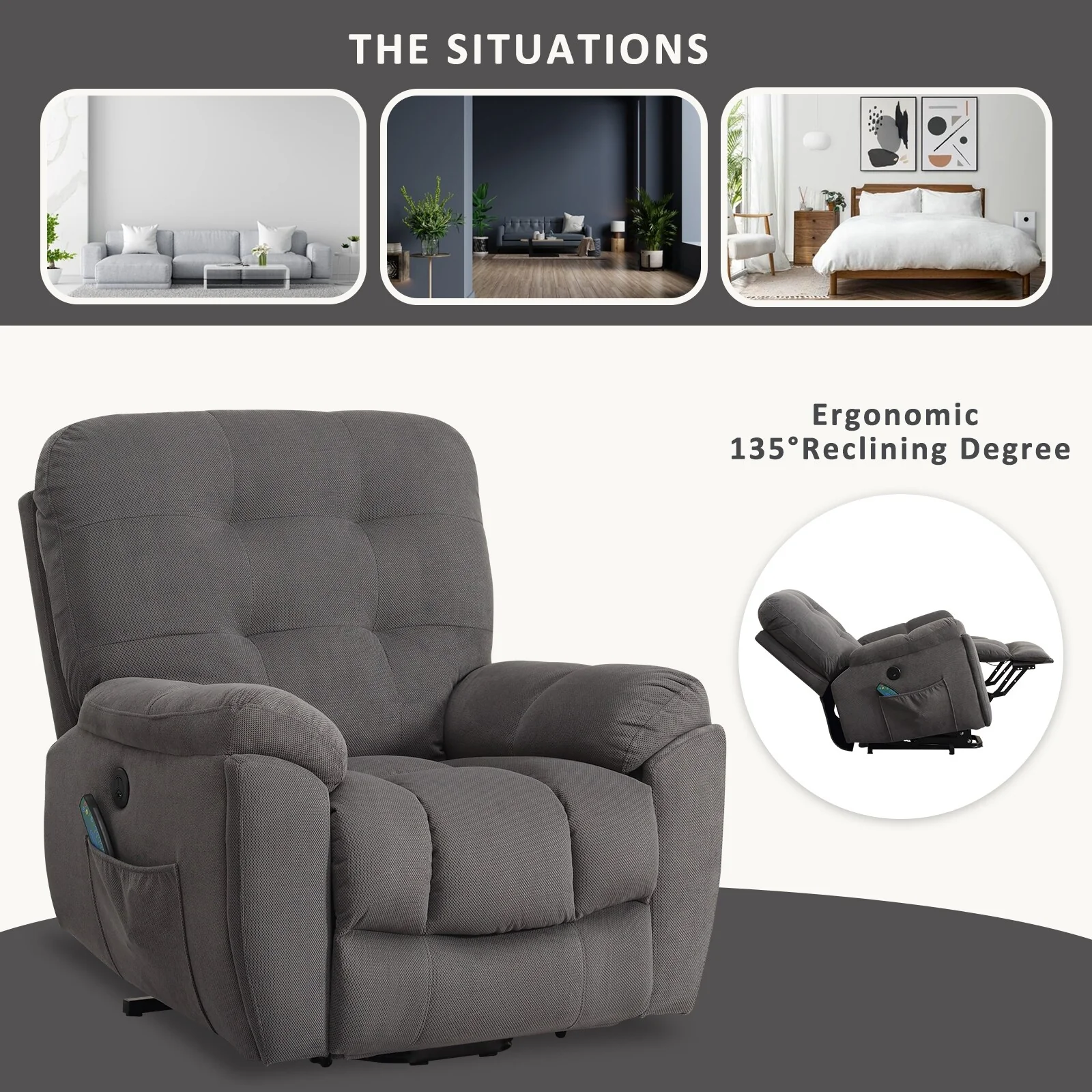Grey Power Lift Recliner with Vibration Massage, Heat, USB, and Hidden Cup Holders