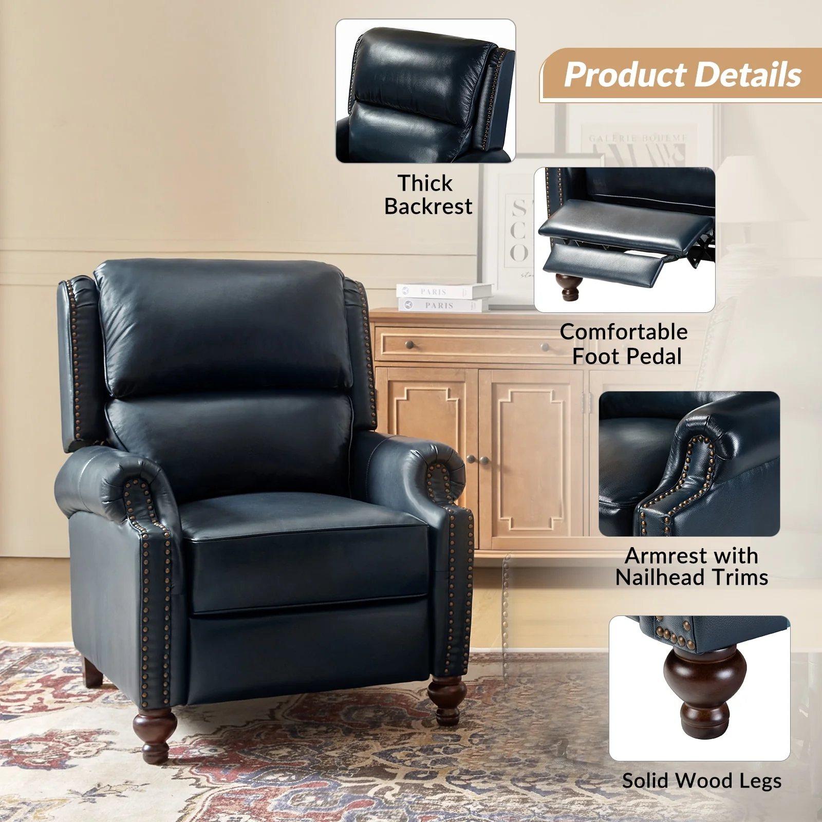 Gabriela Mid-Century Modern Genuine Leather Recliner Nail Head Trim Set of 2 by HULALA HOME