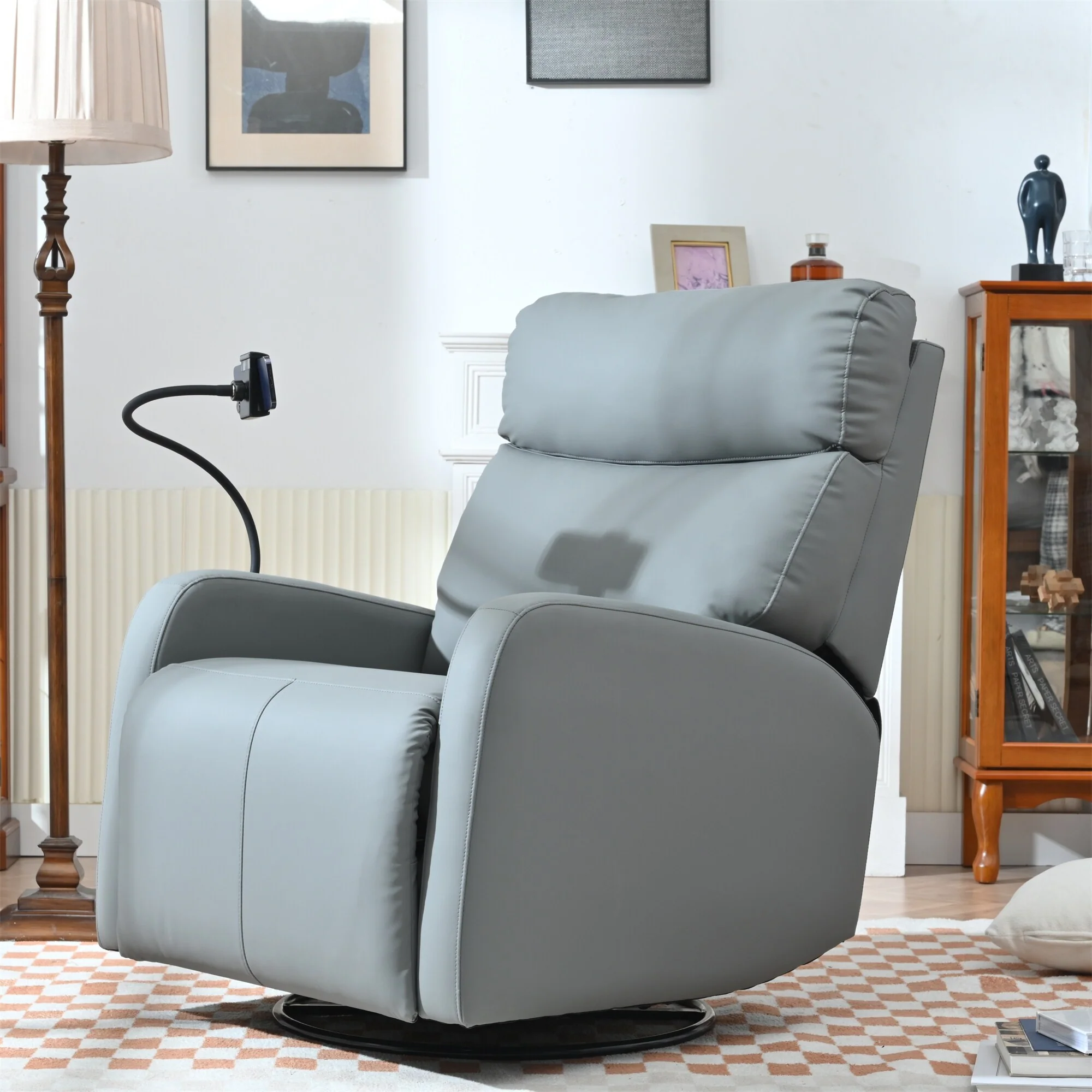 PU Leather 360�� Swivel Rocker Recliner with Phone Holder
