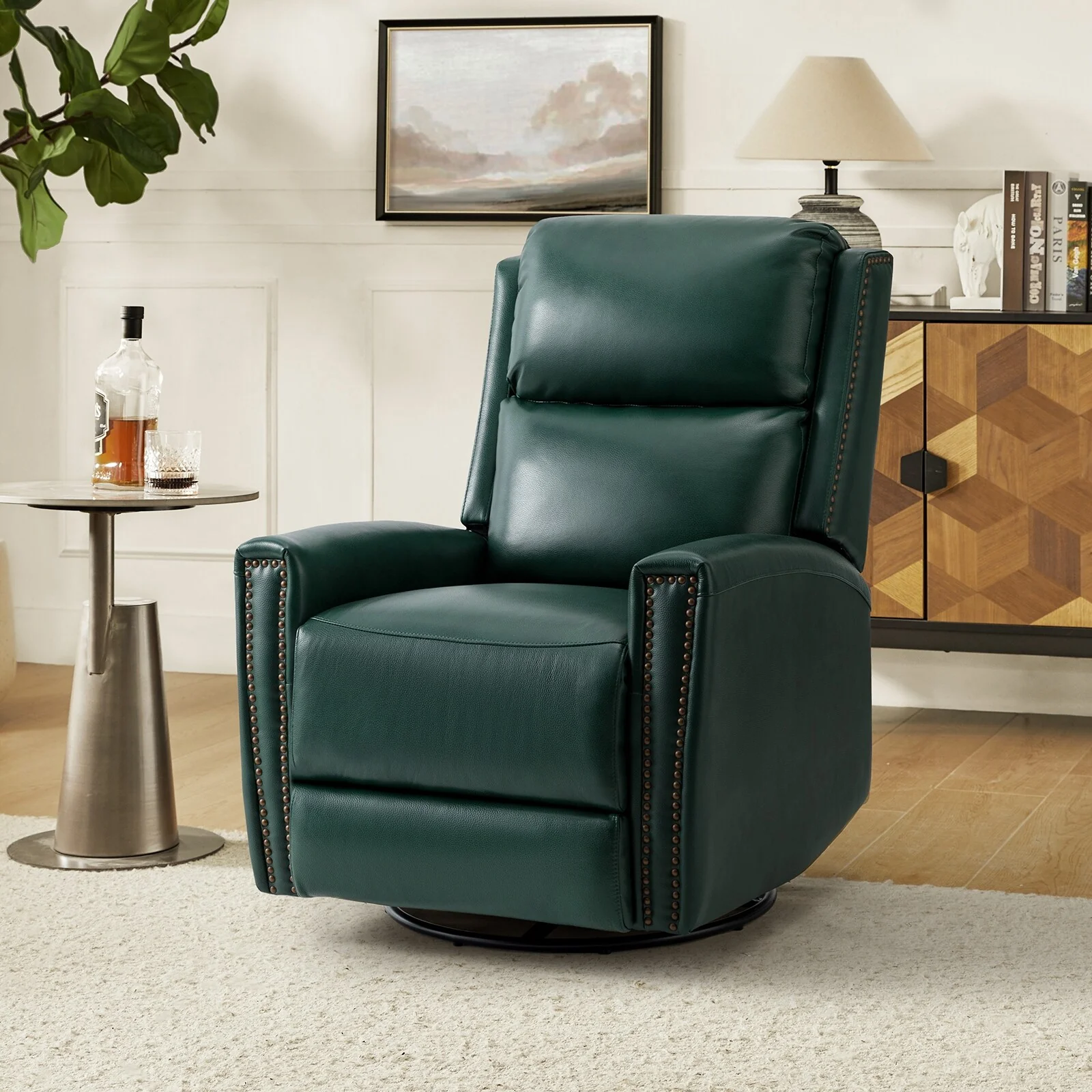 Fiacro 30.31Wide Modern Genuine Leather Wingback Swivel Rocker Recliner with Nailhead Trims