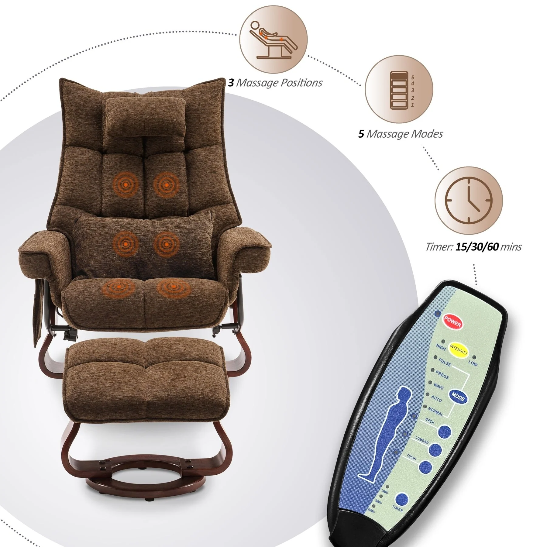 MCombo Swivel Recliner with Ottoman and Neck Pillow, Chenille Fabric