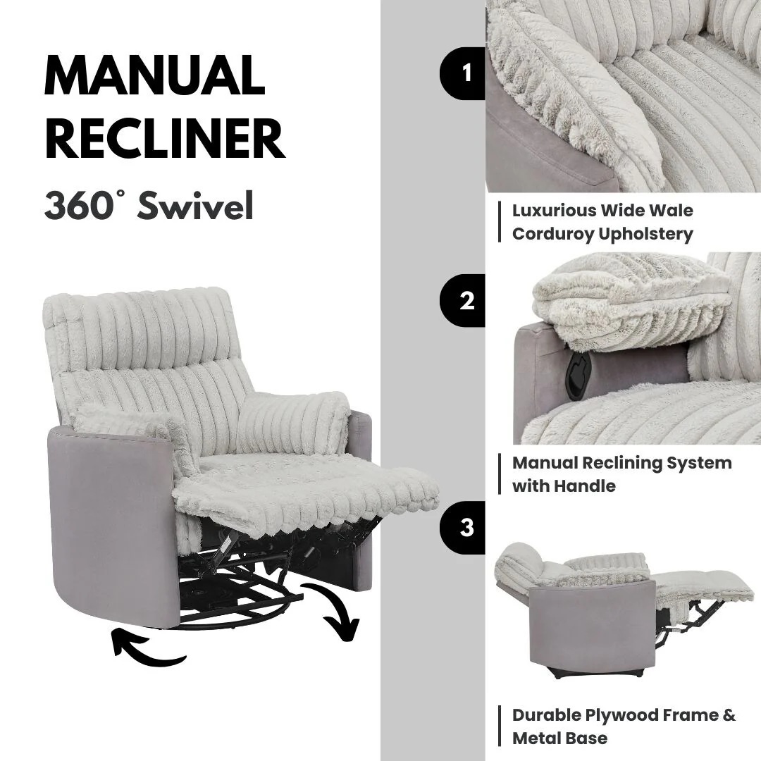Swivel Recliner Chair with 360�� Rotation, Manual Recline & Plush Arms