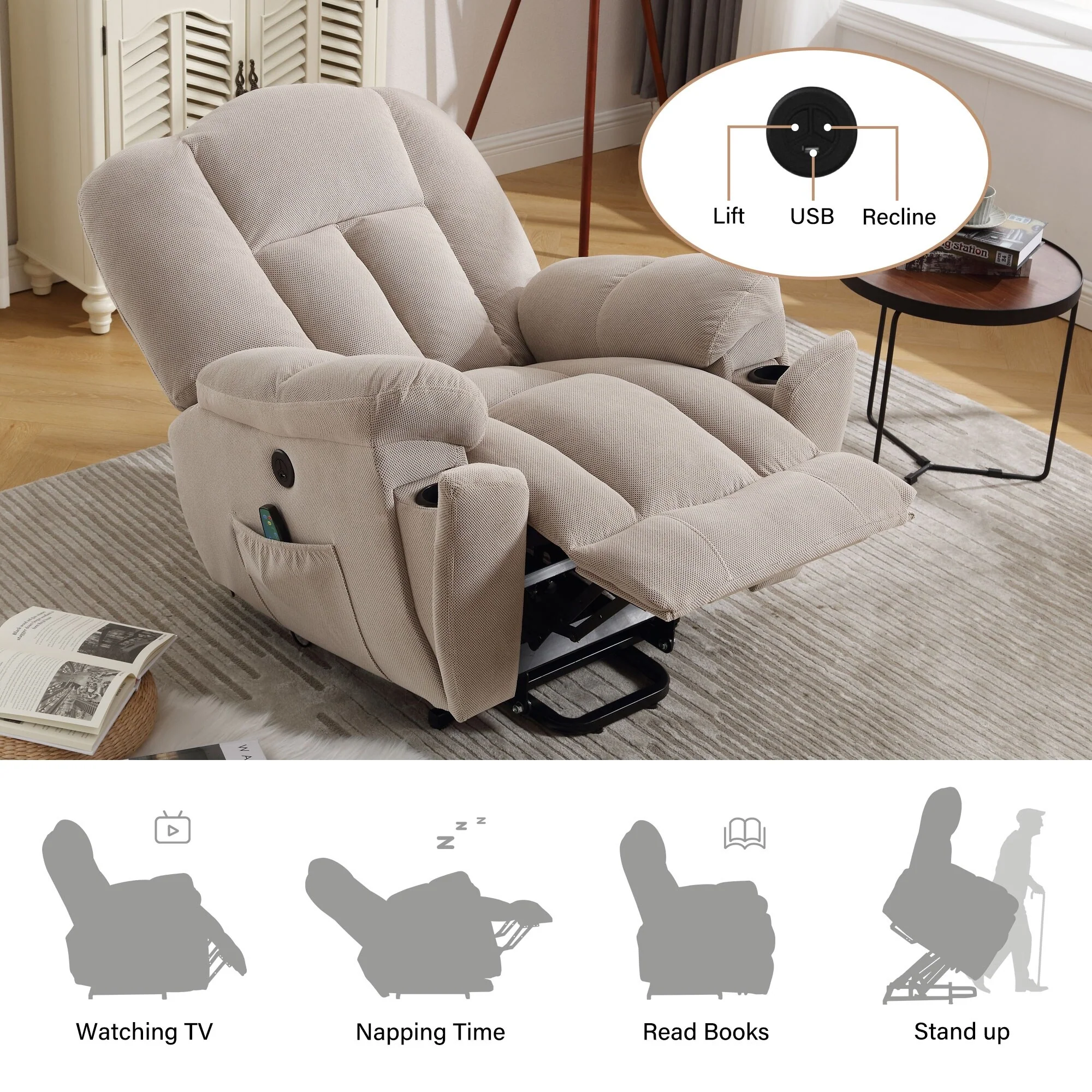 Grey Electric Power Lift Recliner with Heating, Massage, Infinite Positions, USB Charging, and Convenient Side Pockets