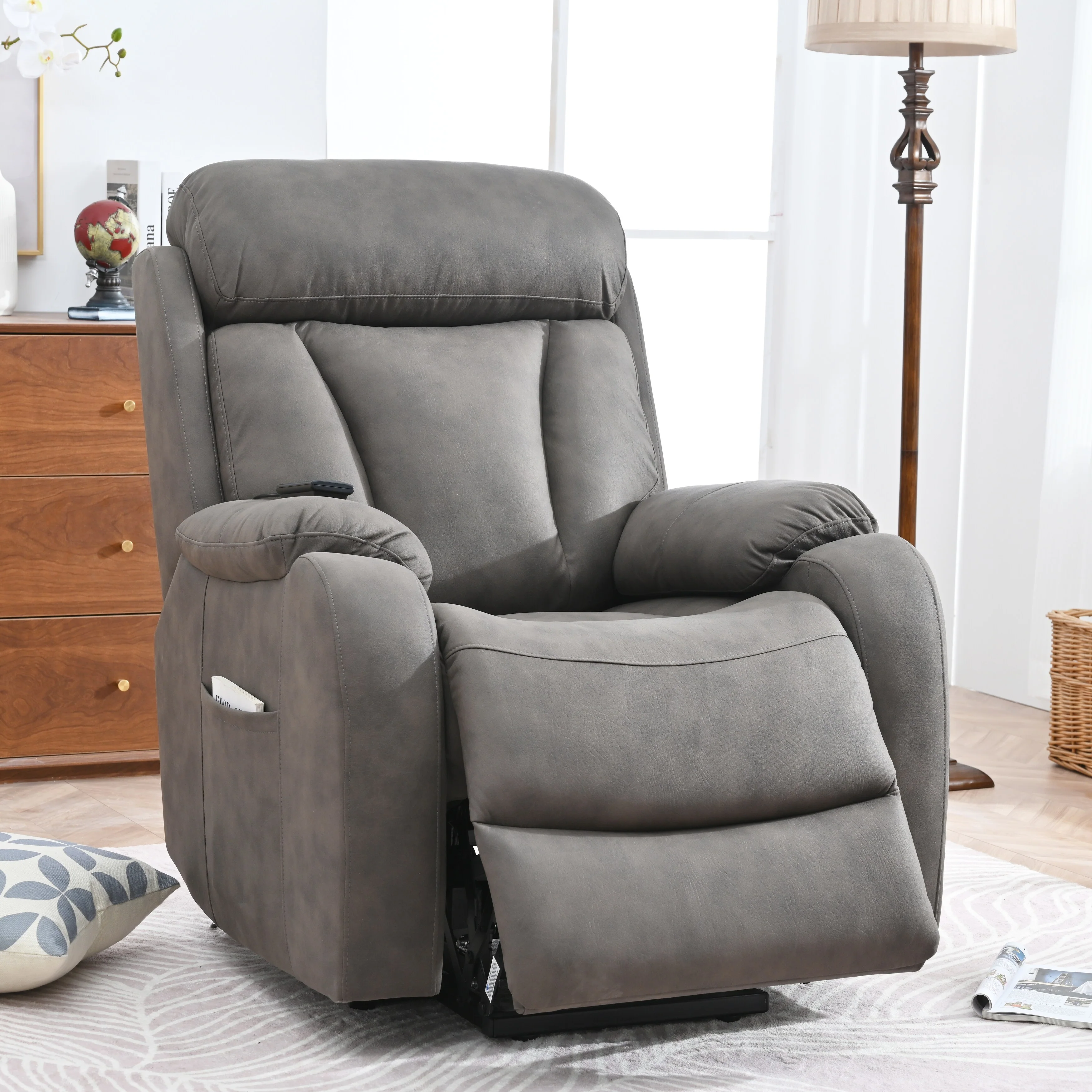 Grey Wide Seat Power Lift Recliner with Remote Control, Side Pocket, and Adjustable Recline Features