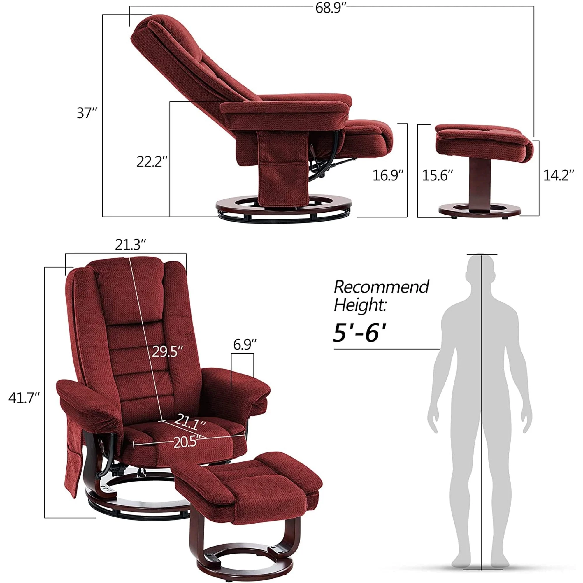 Mcombo Recliner Chair with Ottoman, Fabric Massage Swivel Chair