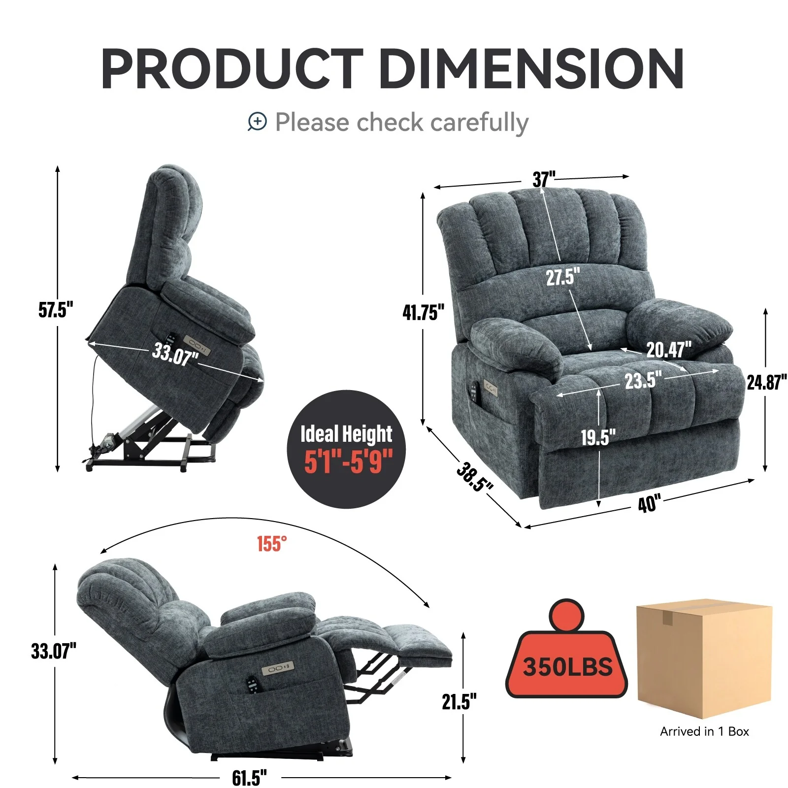 23 Seat Width and High Back Large Size Chenille Power Lift Recliner Chair with 8-Point Vibration Massage and Lumbar Heating