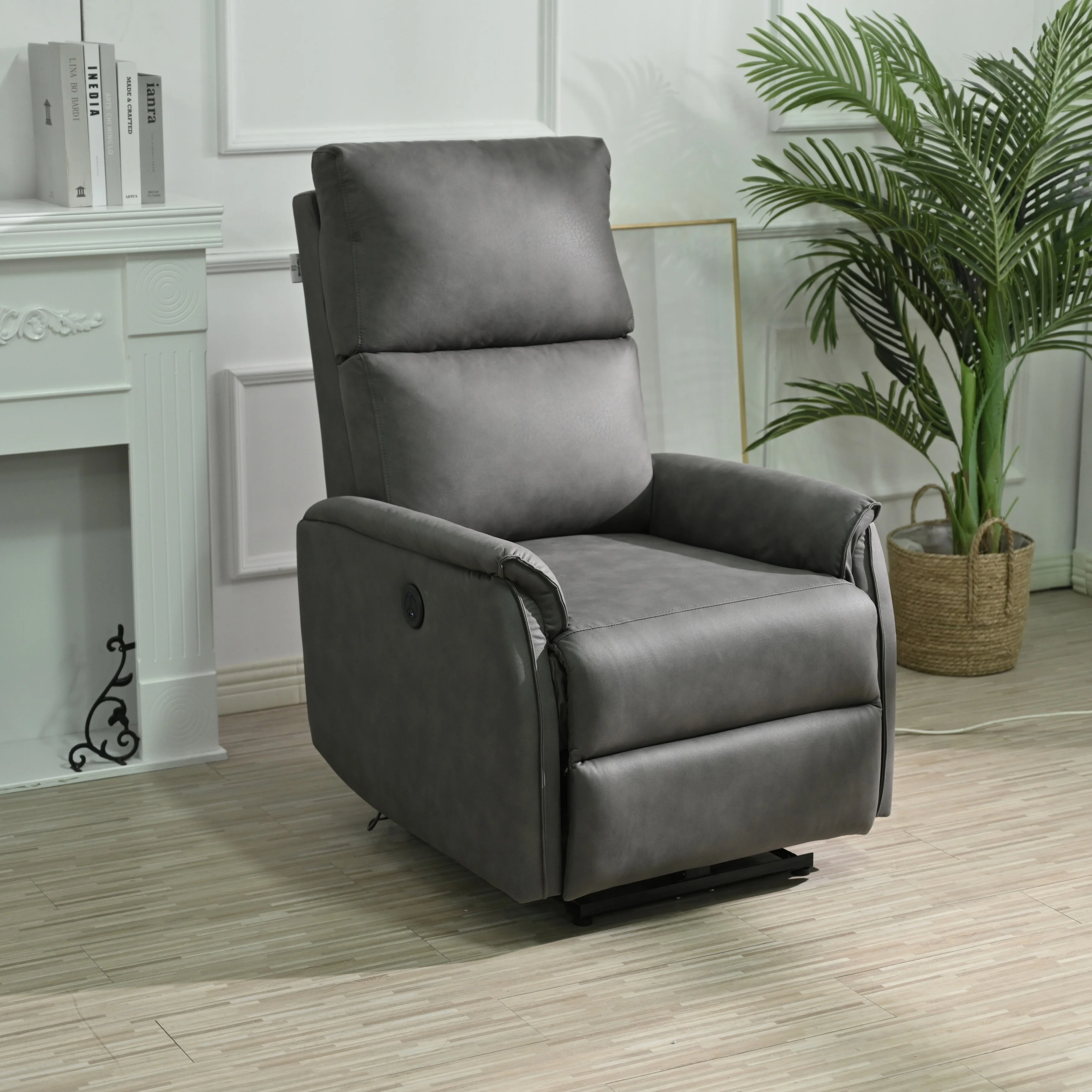 Grey Electric Reclining Chair with USB, Side Control, and Compact Design