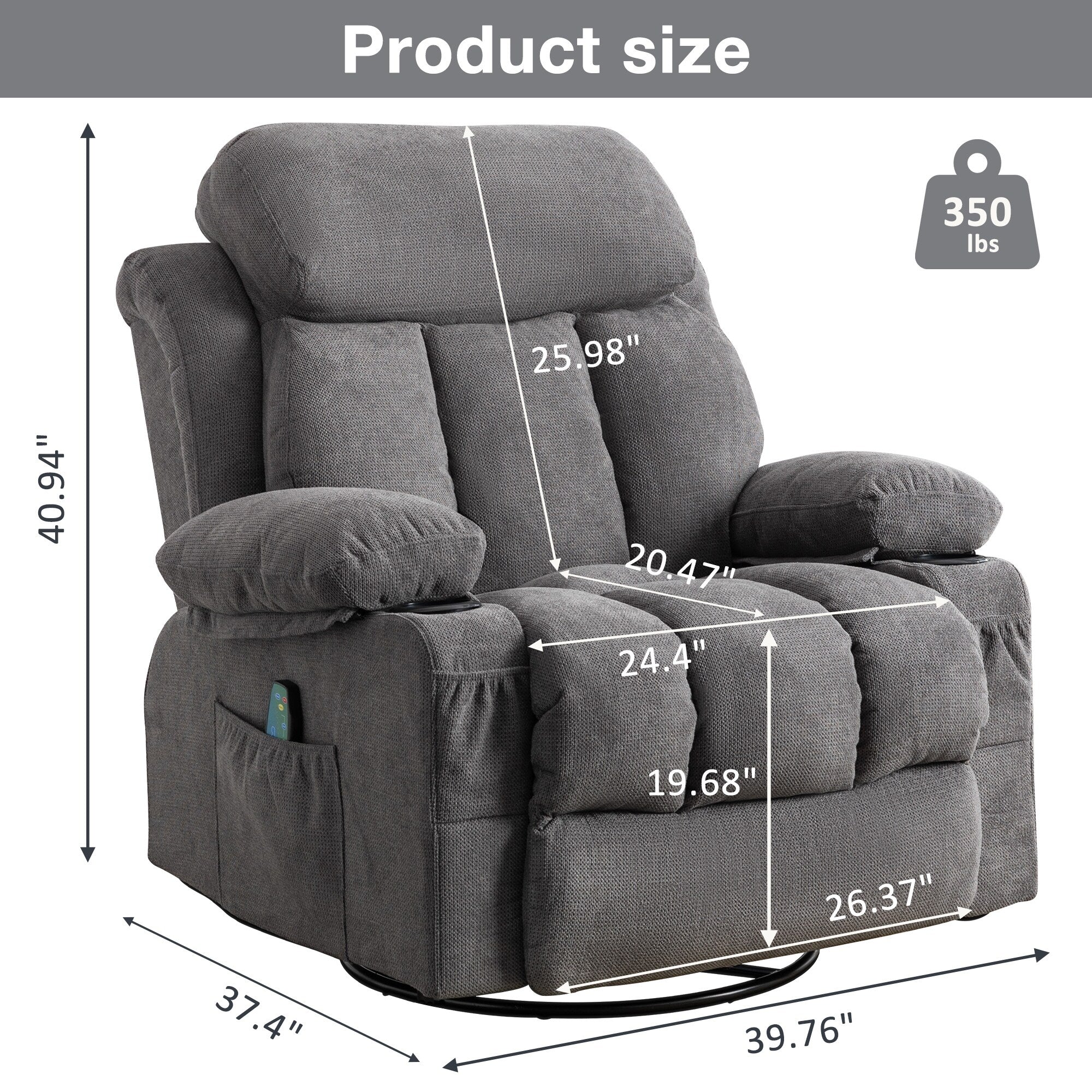 Massage 360 Swivel Rocker Recliner Chair, Heating, Cup Holders, USB