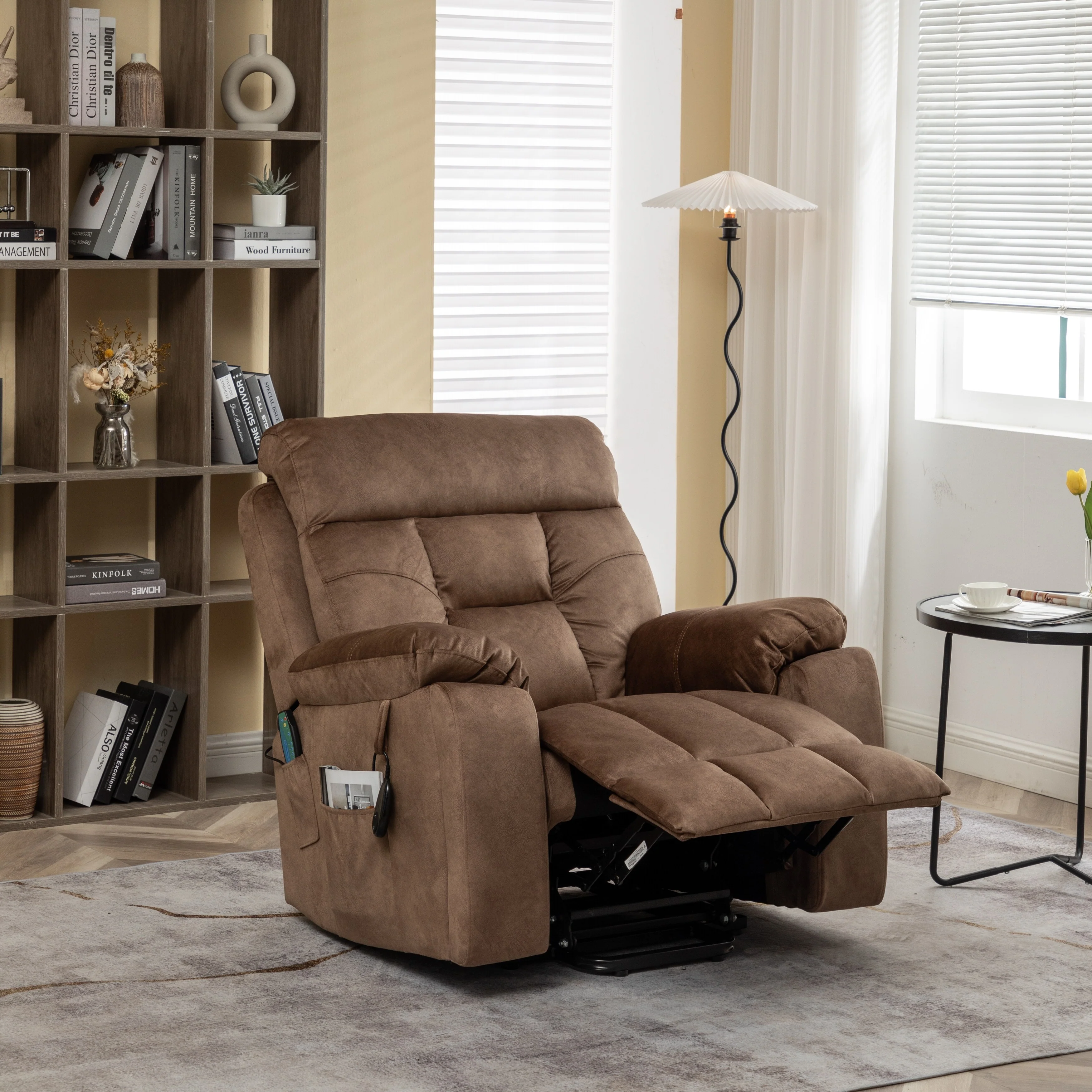 Brown Velvet Lift Recliner, Massage, Hidden Cup Holder, Pockets