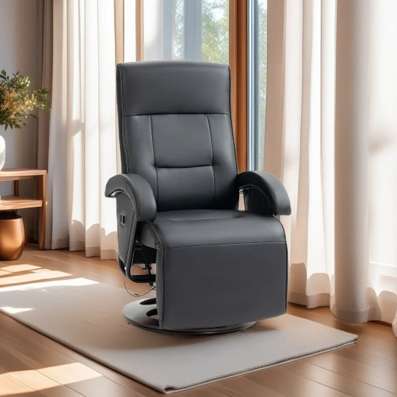 PU Leather Swivel Recliner Chair with 135�� Adjustable Backrest, Footrest & Wooden Base for Living Room Relaxation