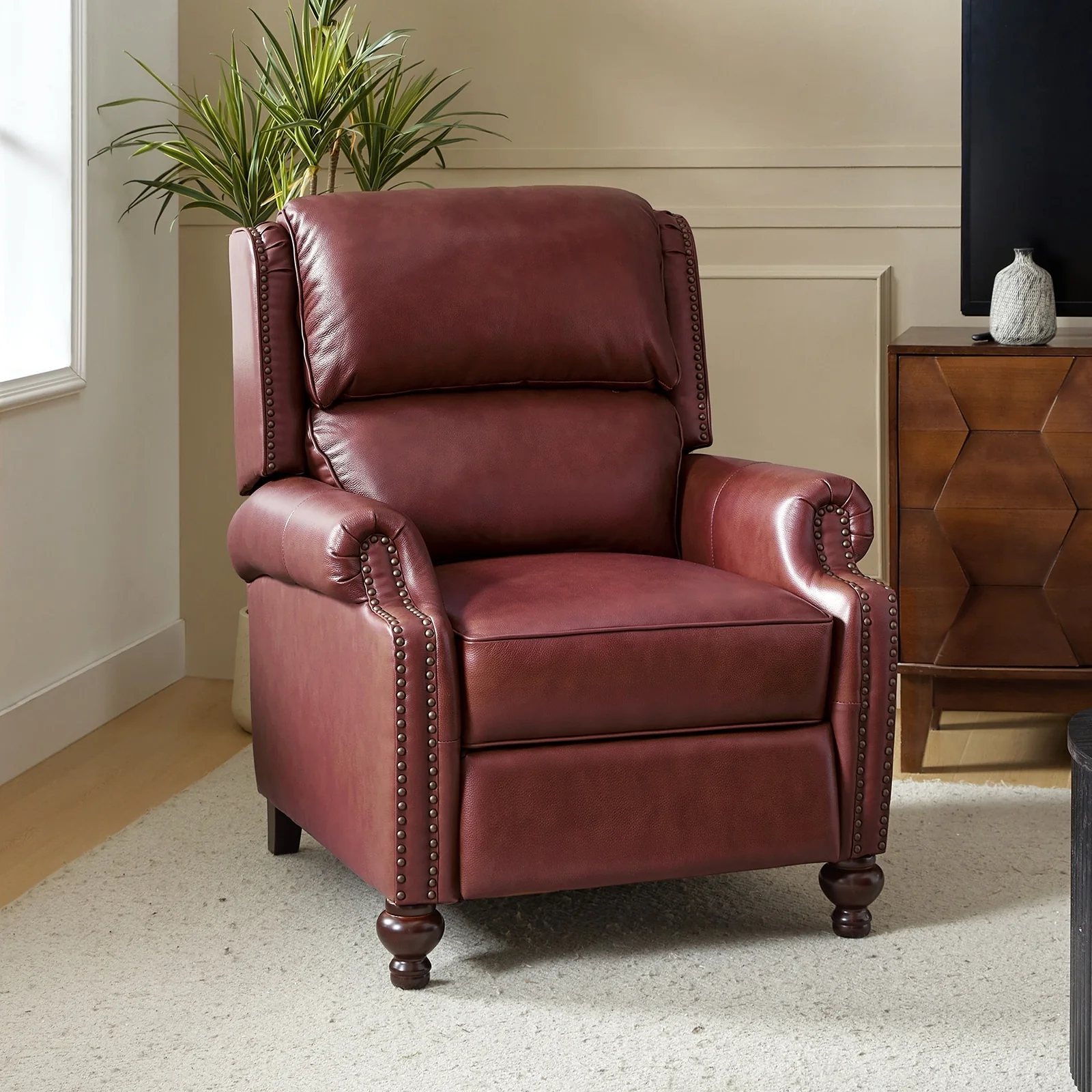 Gabriela Mid-Century Modern Genuine Leather Recliner with Tapered Block Feet by HULALA HOME