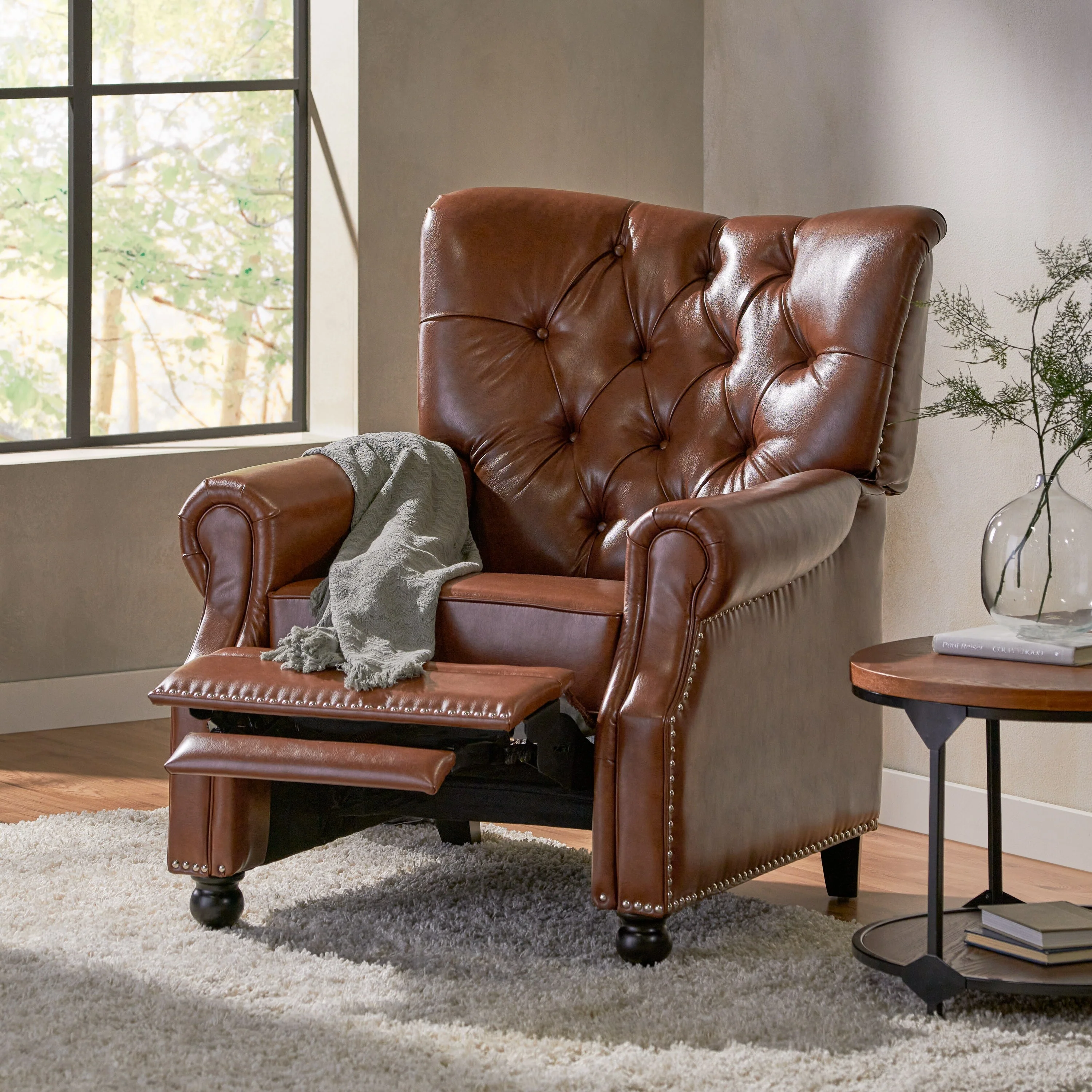 Roomfitters Recliner Chair with Button Tufting and Nailhead Trim, Push-Back Lounge Accent Chair