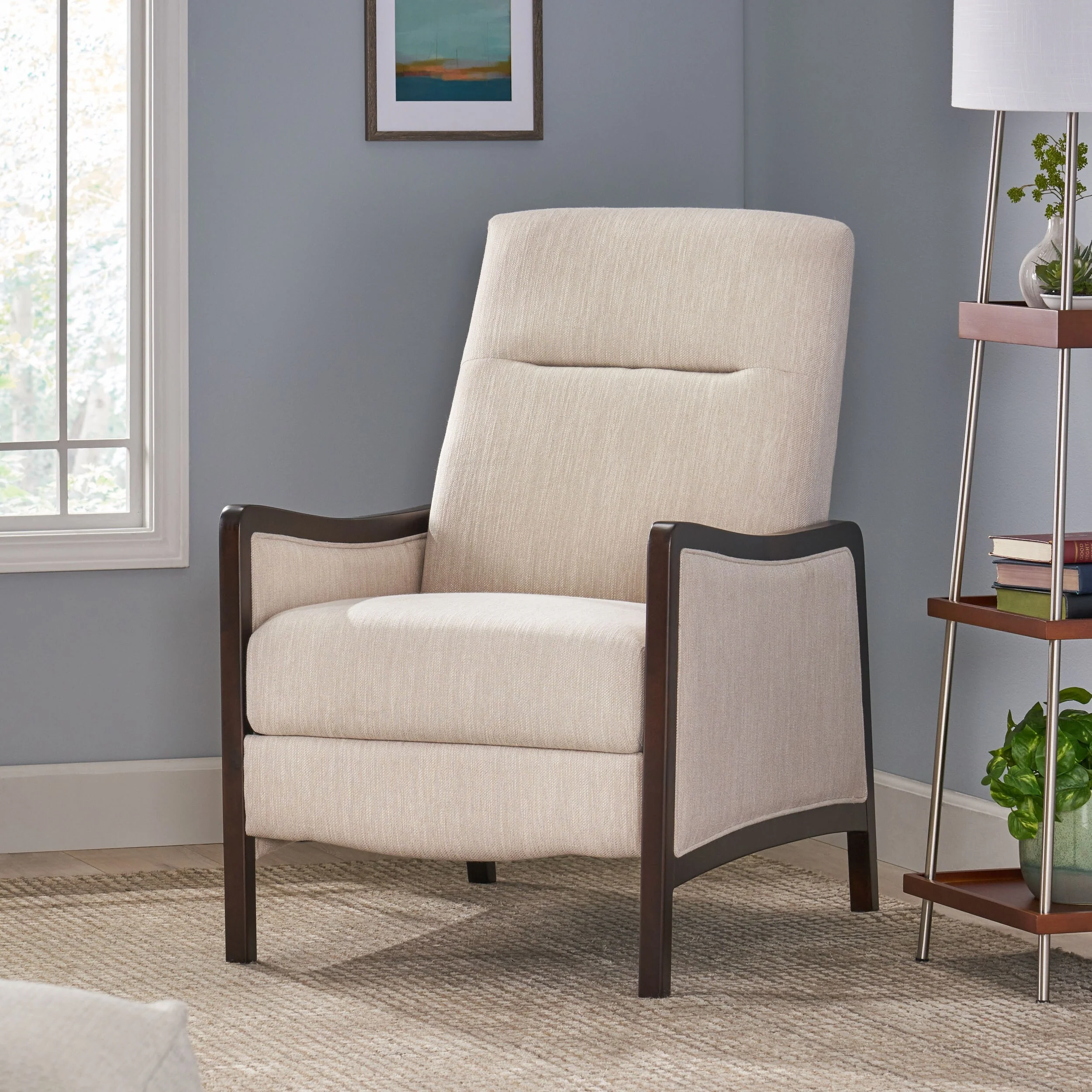 Roomfitters Mid-Century Fabric Push Back Recliner Chair with Wood Trim and Angled Arms
