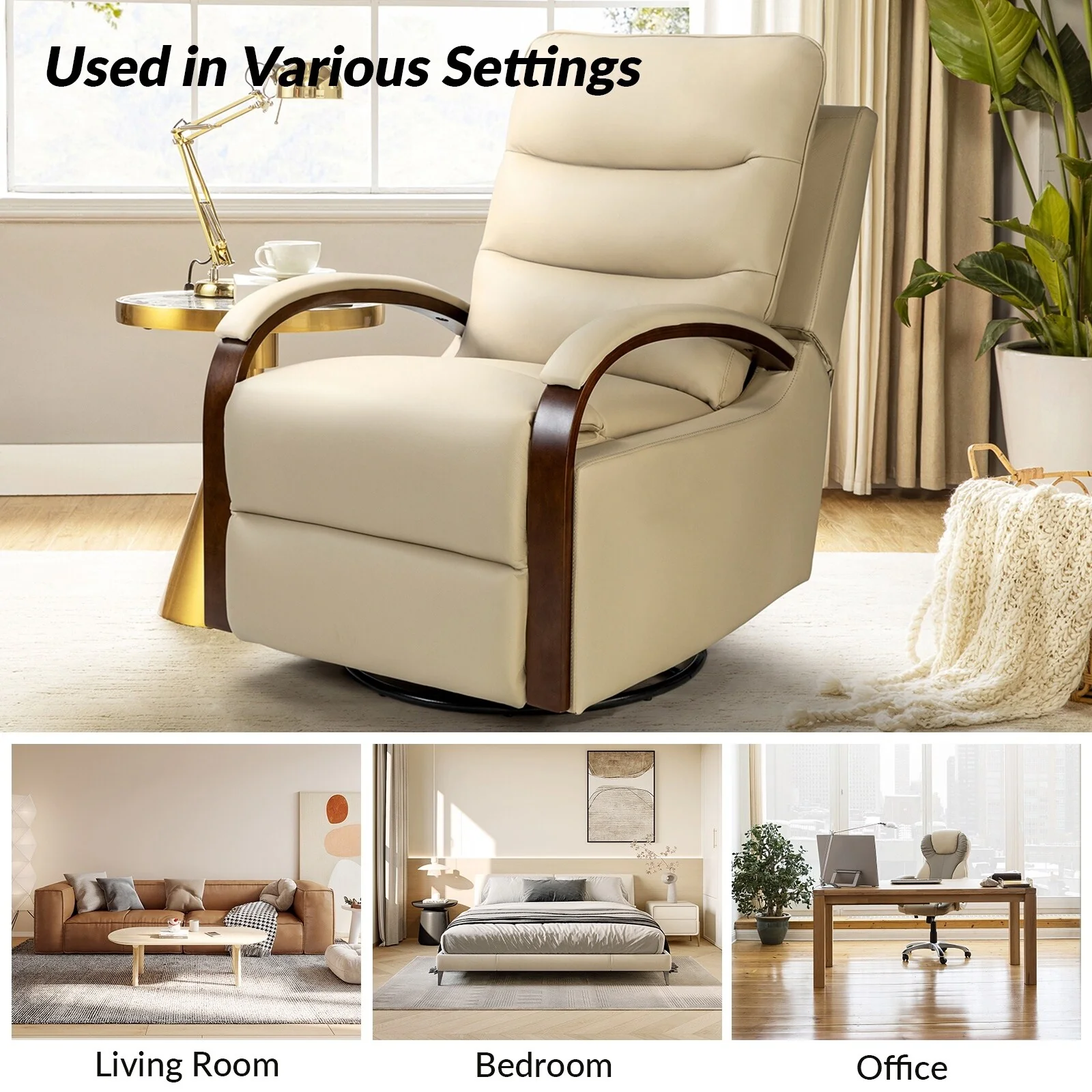 Leopold Genuine Leather Swivel Rocking Manual Recliner Chair with Wooden Arm Accents Set of 2 by HULALA HOME