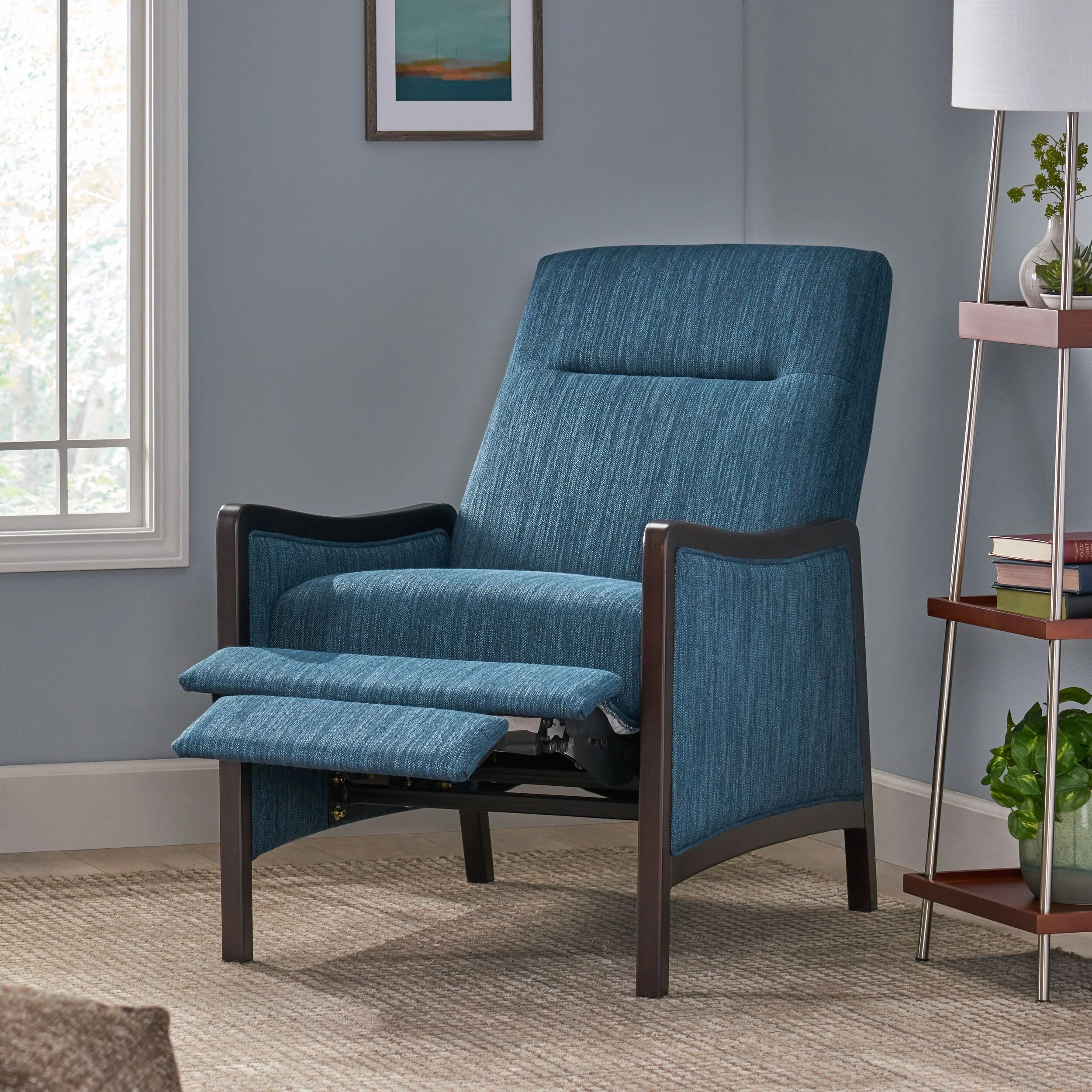 Roomfitters Mid-Century Fabric Push Back Recliner Chair with Wood Trim and Angled Arms