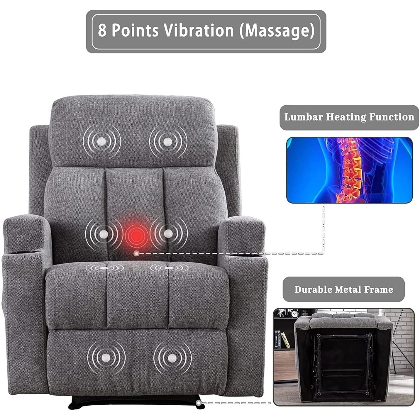 Manual Recliner Massage and Heating Chair Sofa with 2 Cup Holders Breathable Fabric